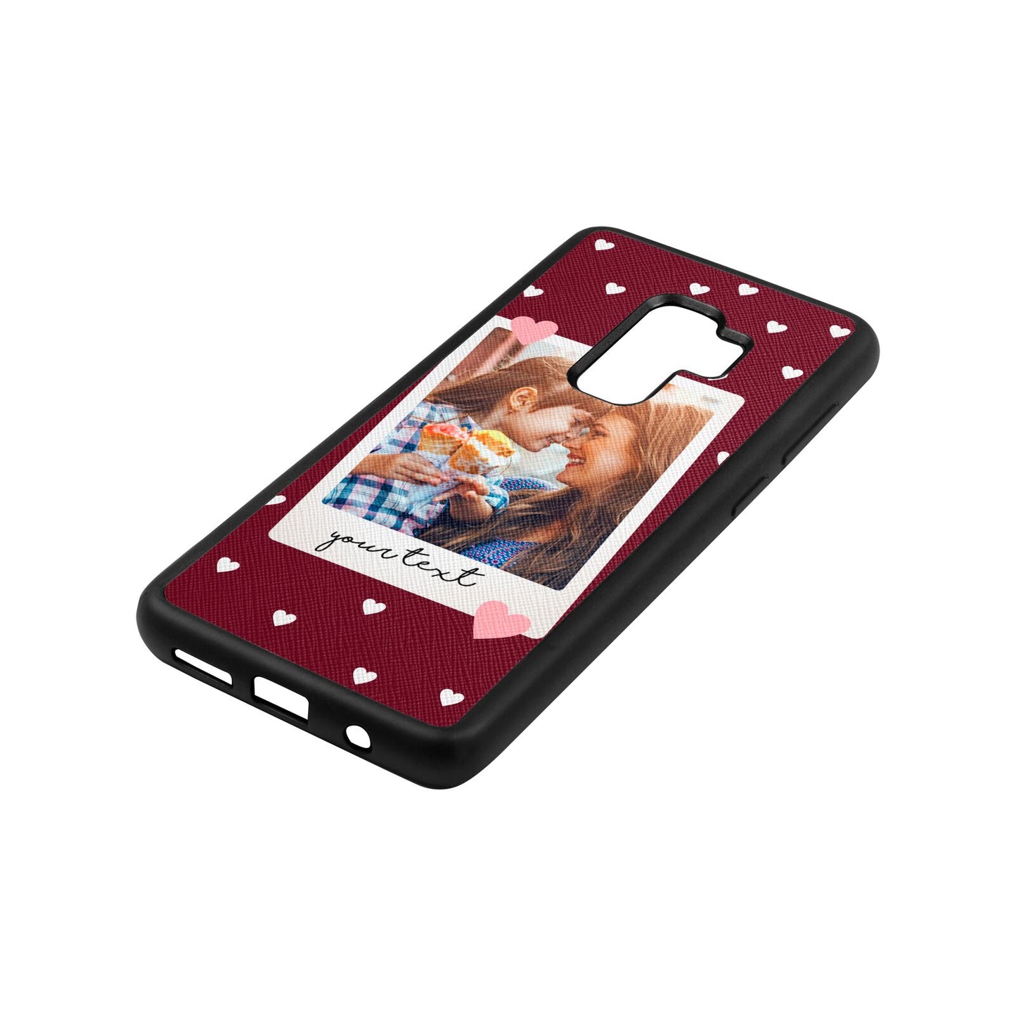 Personalised Photo Love Hearts Wine Red Saffiano Leather Samsung S9 Plus Case Side Angle