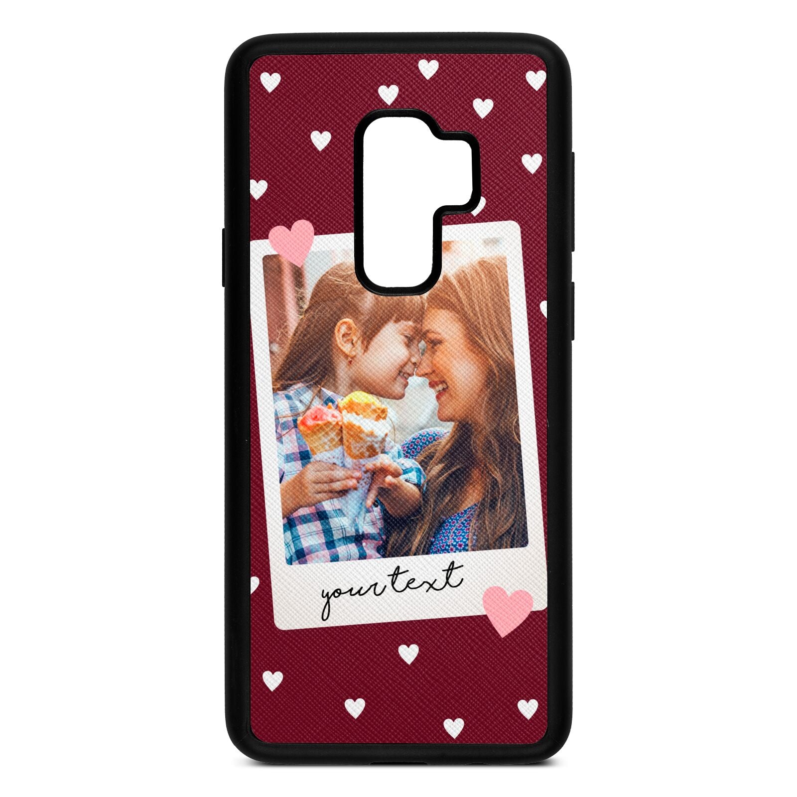Personalised Photo Love Hearts Wine Red Saffiano Leather Samsung S9 Plus Case