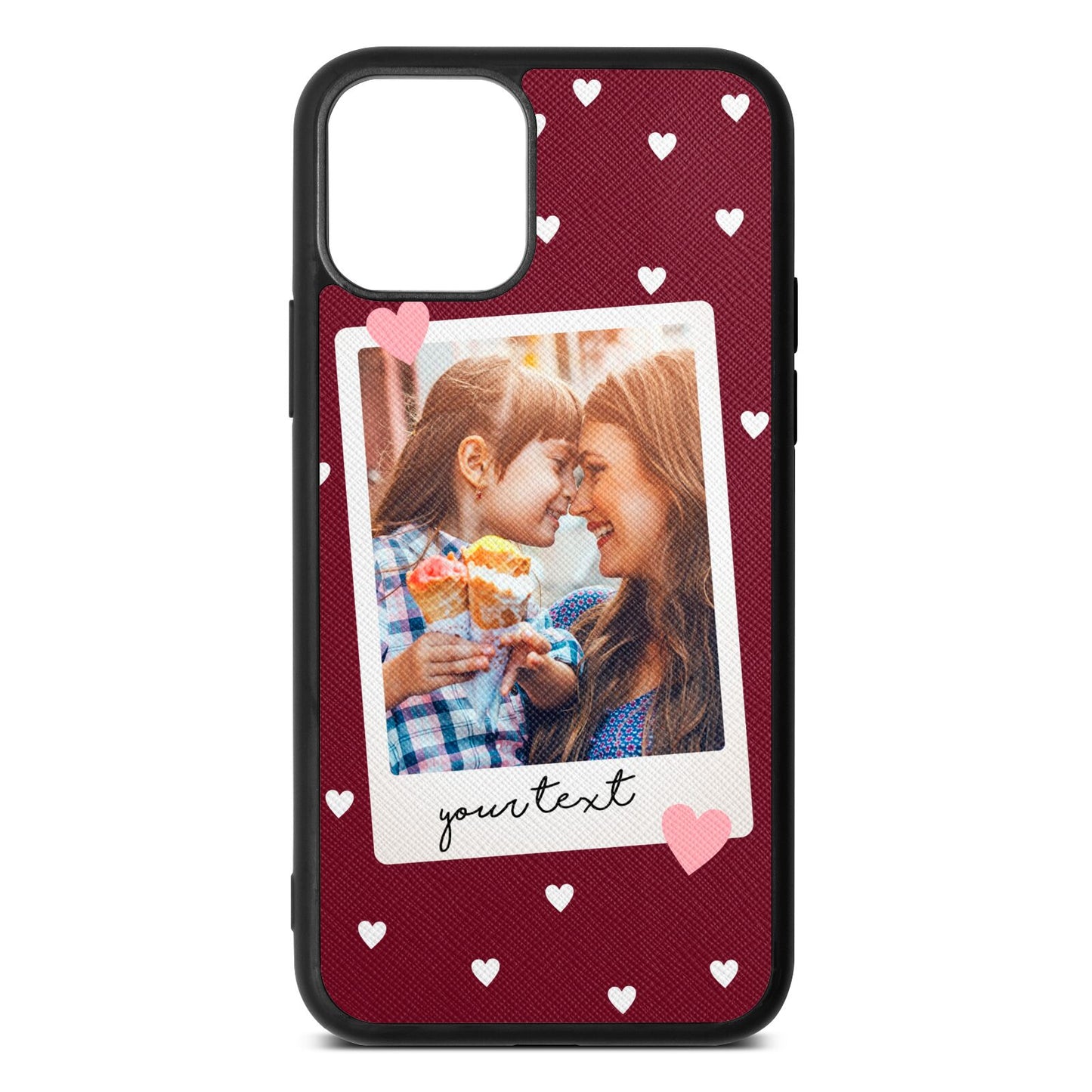 Personalised Photo Love Hearts Wine Red Saffiano Leather iPhone 11 Case