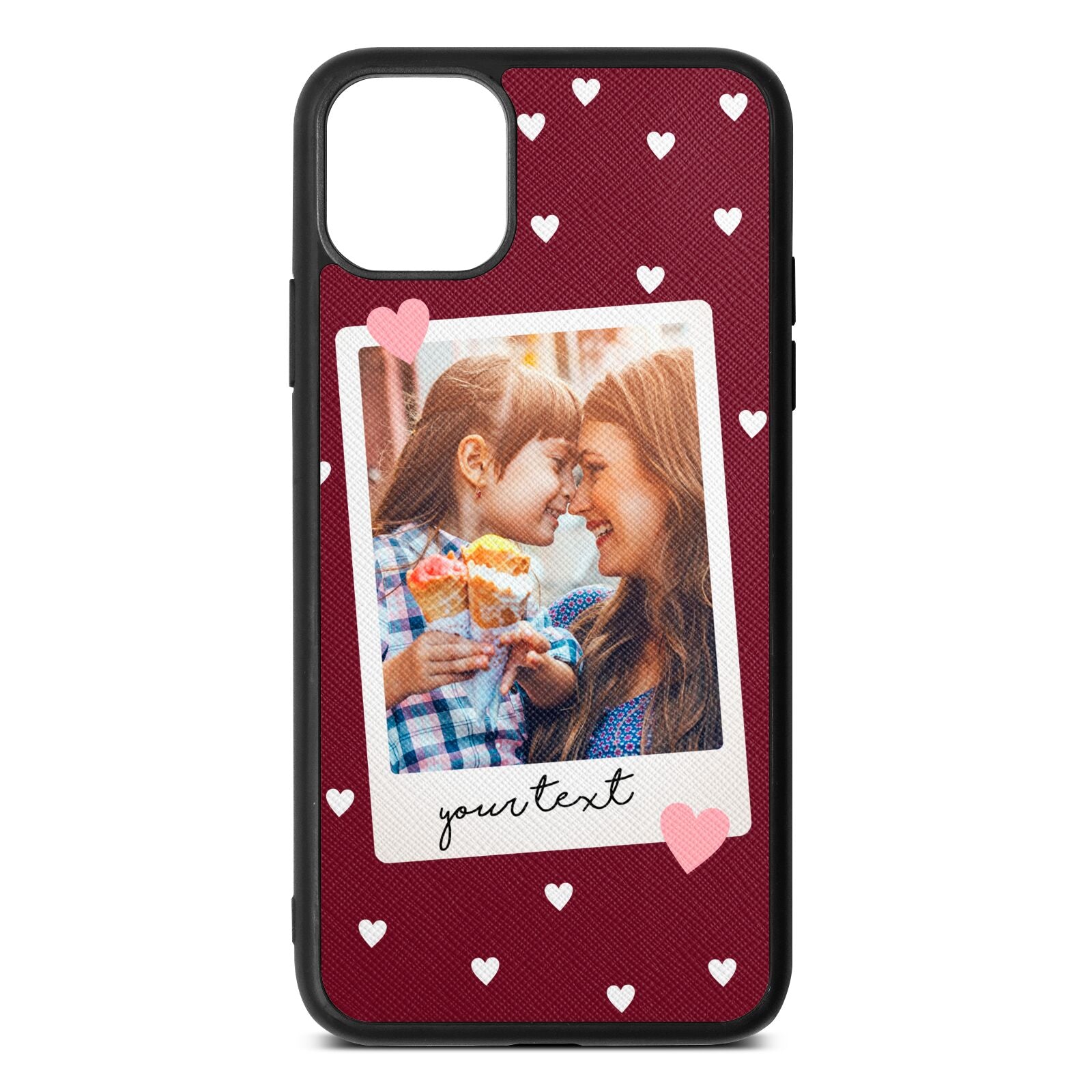 Personalised Photo Love Hearts Wine Red Saffiano Leather iPhone 11 Pro Max Case