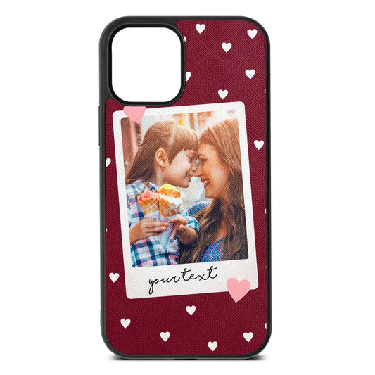 Personalised Photo Love Hearts Wine Red Saffiano Leather iPhone 12 Case