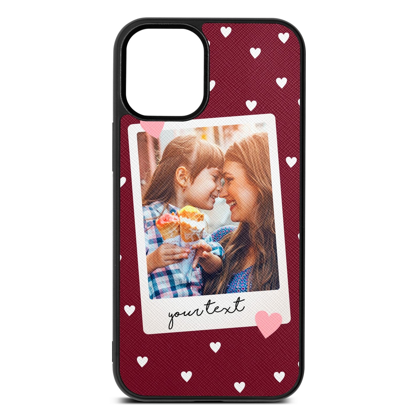 Personalised Photo Love Hearts Wine Red Saffiano Leather iPhone 12 Mini Case