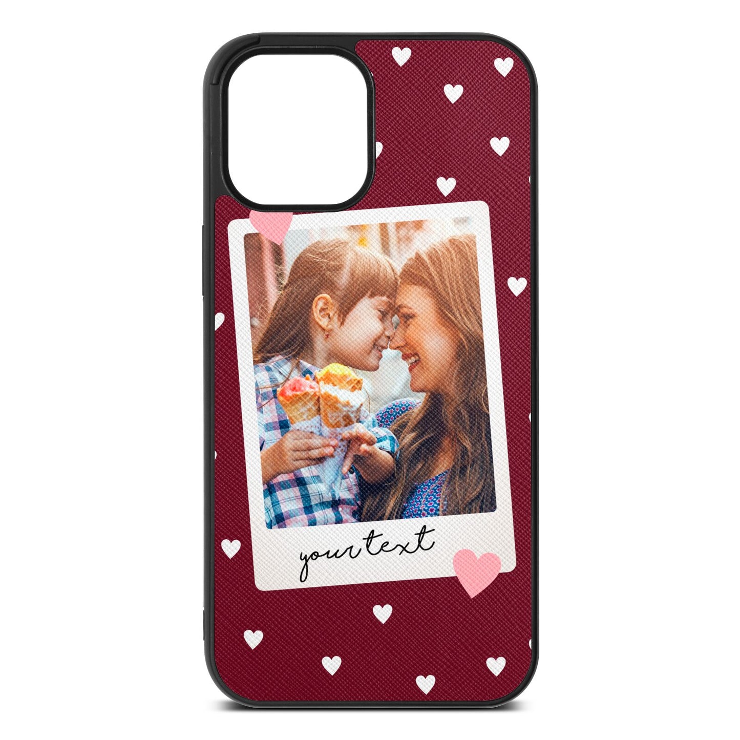 Personalised Photo Love Hearts Wine Red Saffiano Leather iPhone 12 Pro Max Case