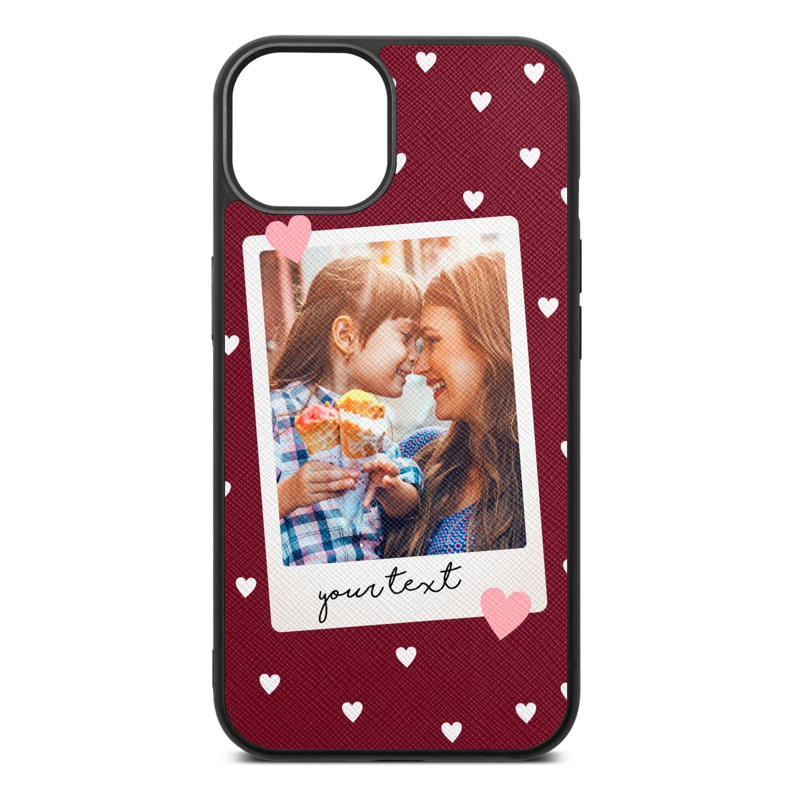 Personalised Photo Love Hearts Wine Red Saffiano Leather iPhone 13 Case
