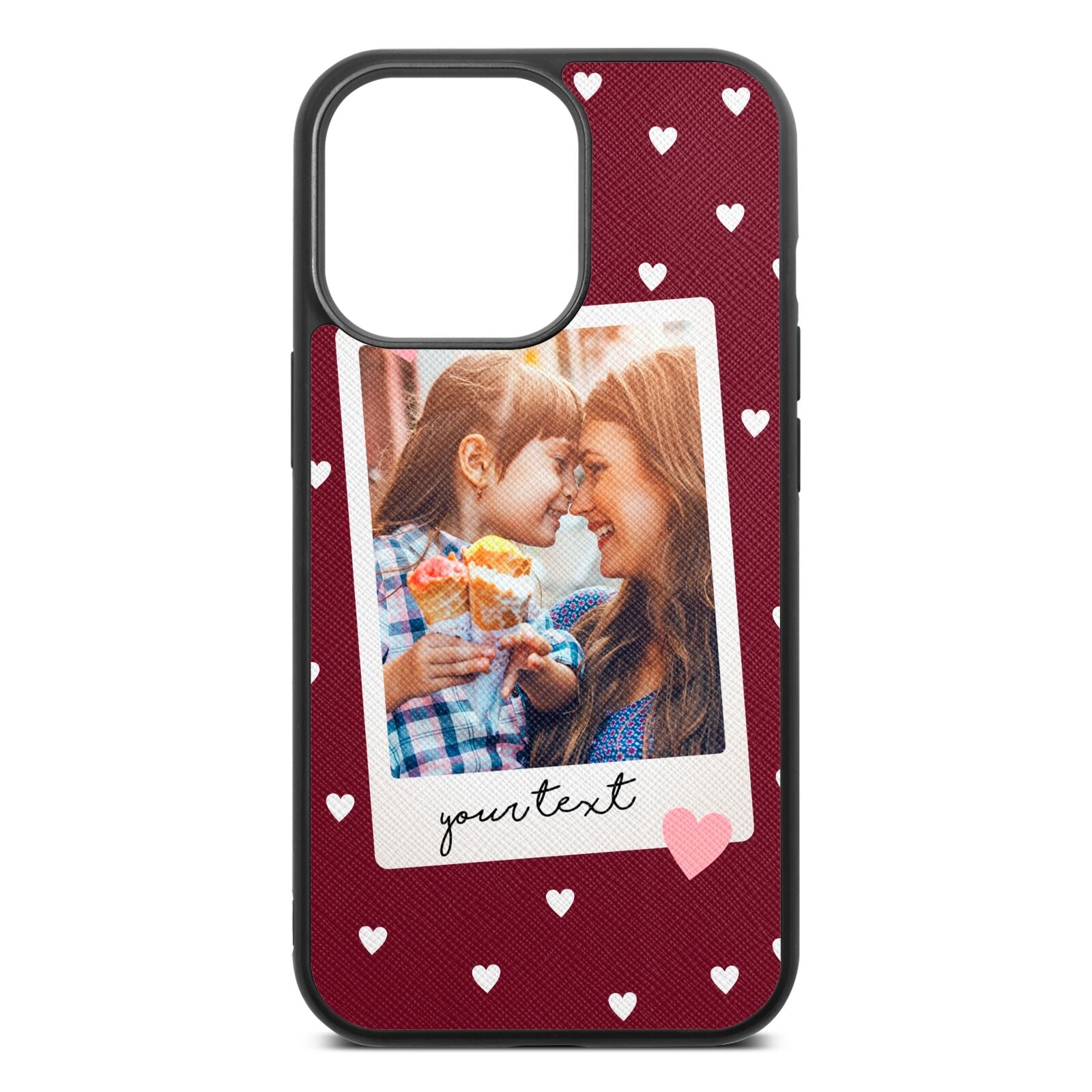 Personalised Photo Love Hearts Wine Red Saffiano Leather iPhone 13 Pro Case