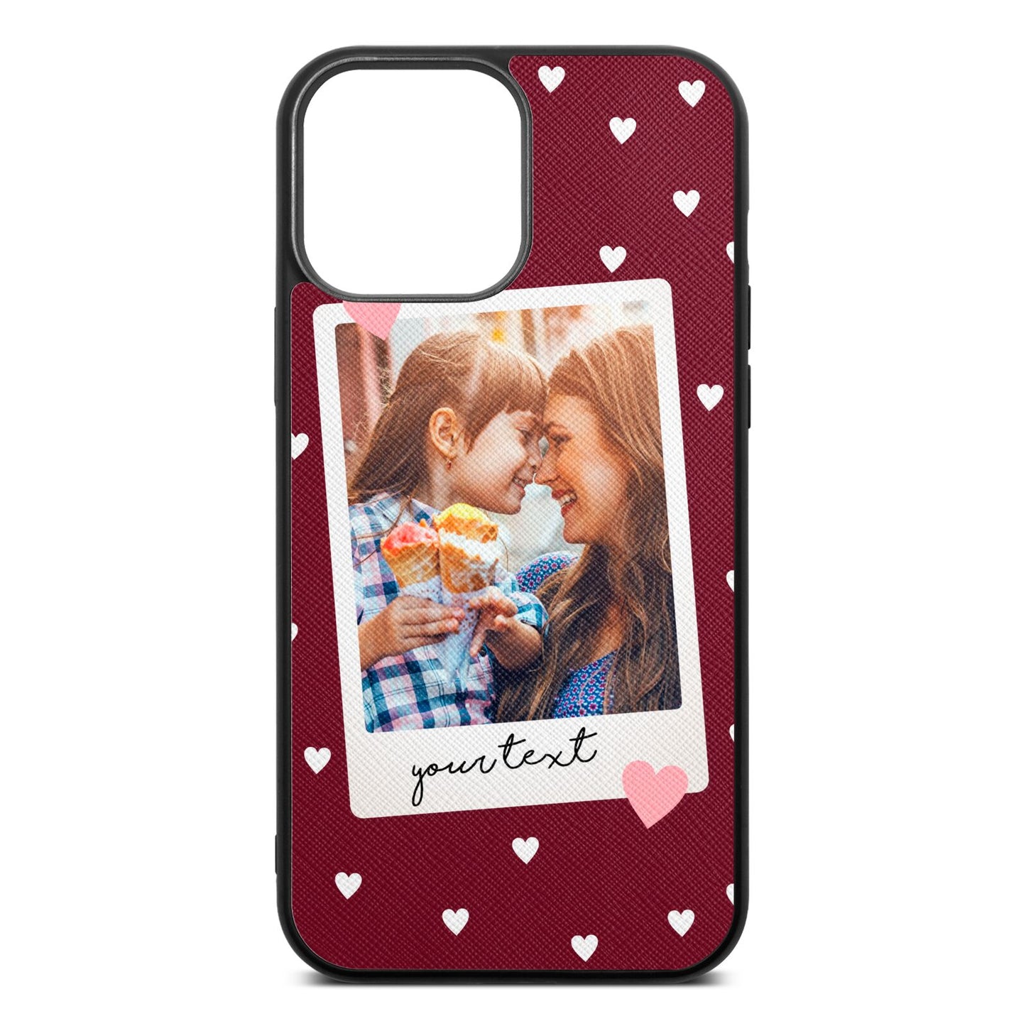 Personalised Photo Love Hearts Wine Red Saffiano Leather iPhone 13 Pro Max Case