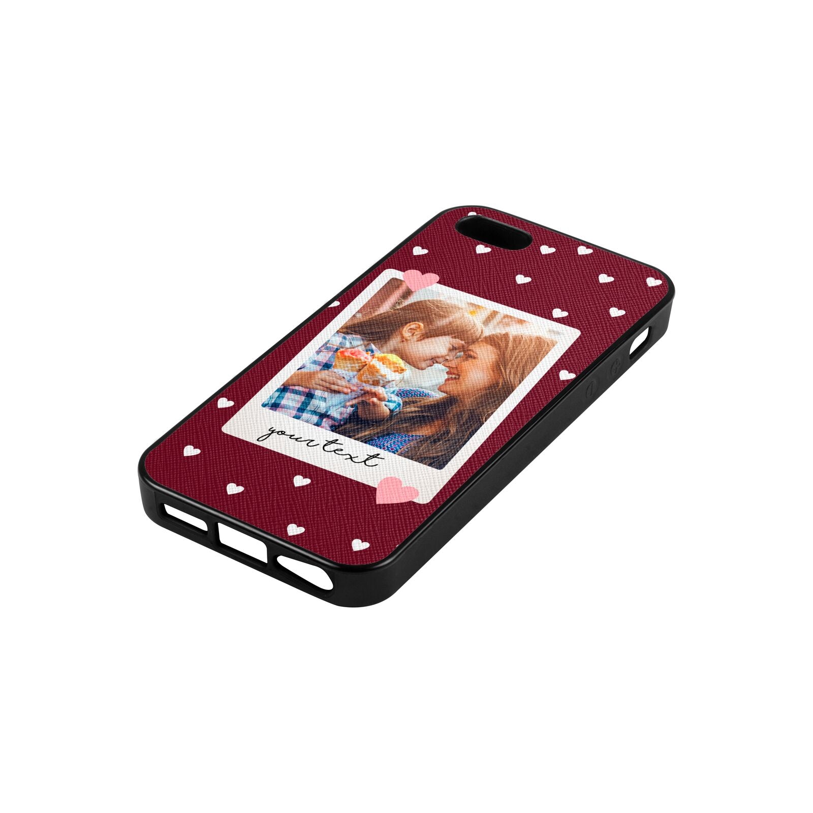 Personalised Photo Love Hearts Wine Red Saffiano Leather iPhone 5 Case Side Angle