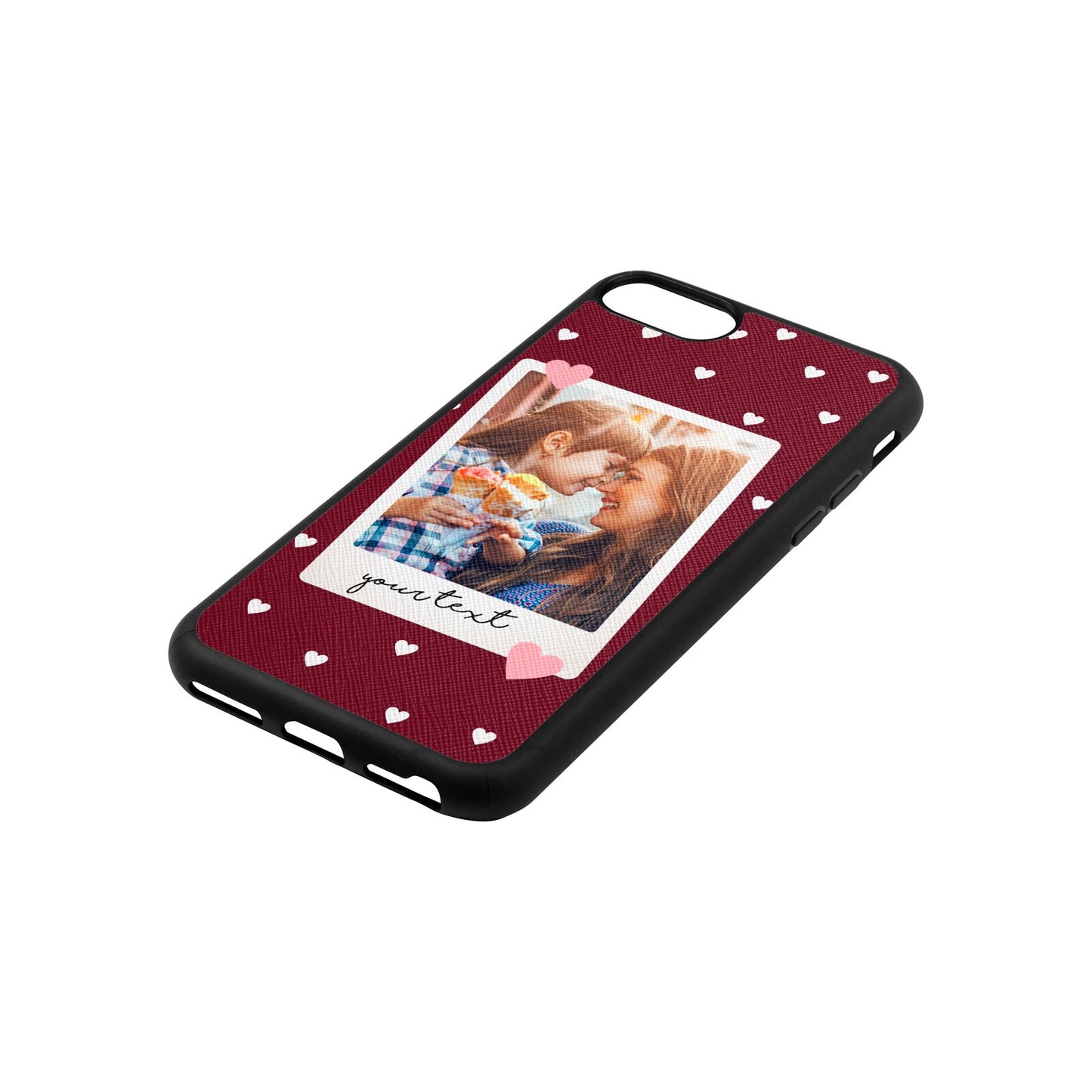 Personalised Photo Love Hearts Wine Red Saffiano Leather iPhone 8 Case Side Angle