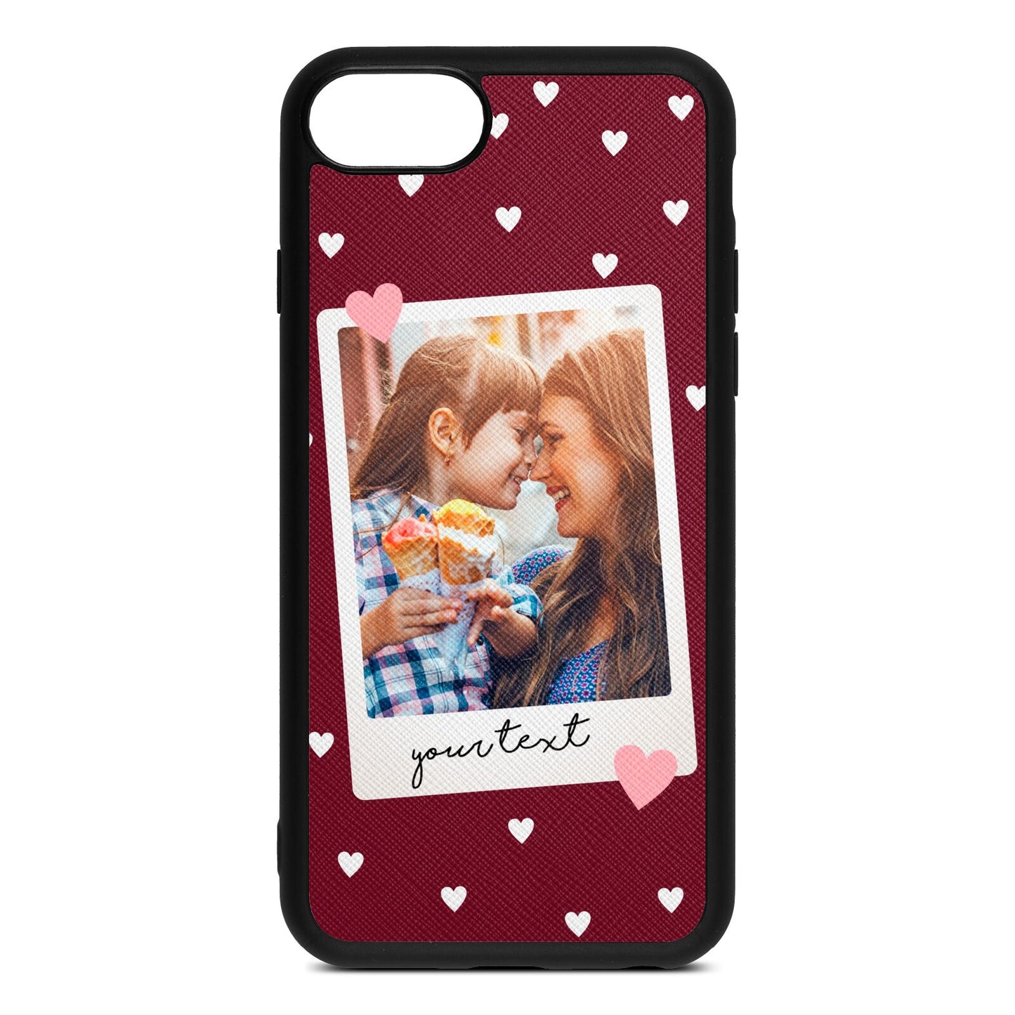 Personalised Photo Love Hearts Wine Red Saffiano Leather iPhone 8 Case