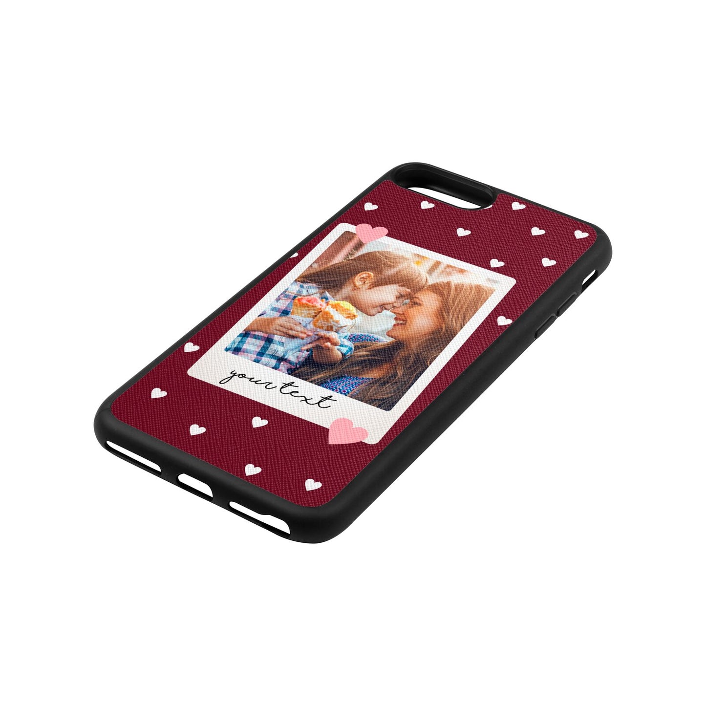Personalised Photo Love Hearts Wine Red Saffiano Leather iPhone 8 Plus Case Side Angle