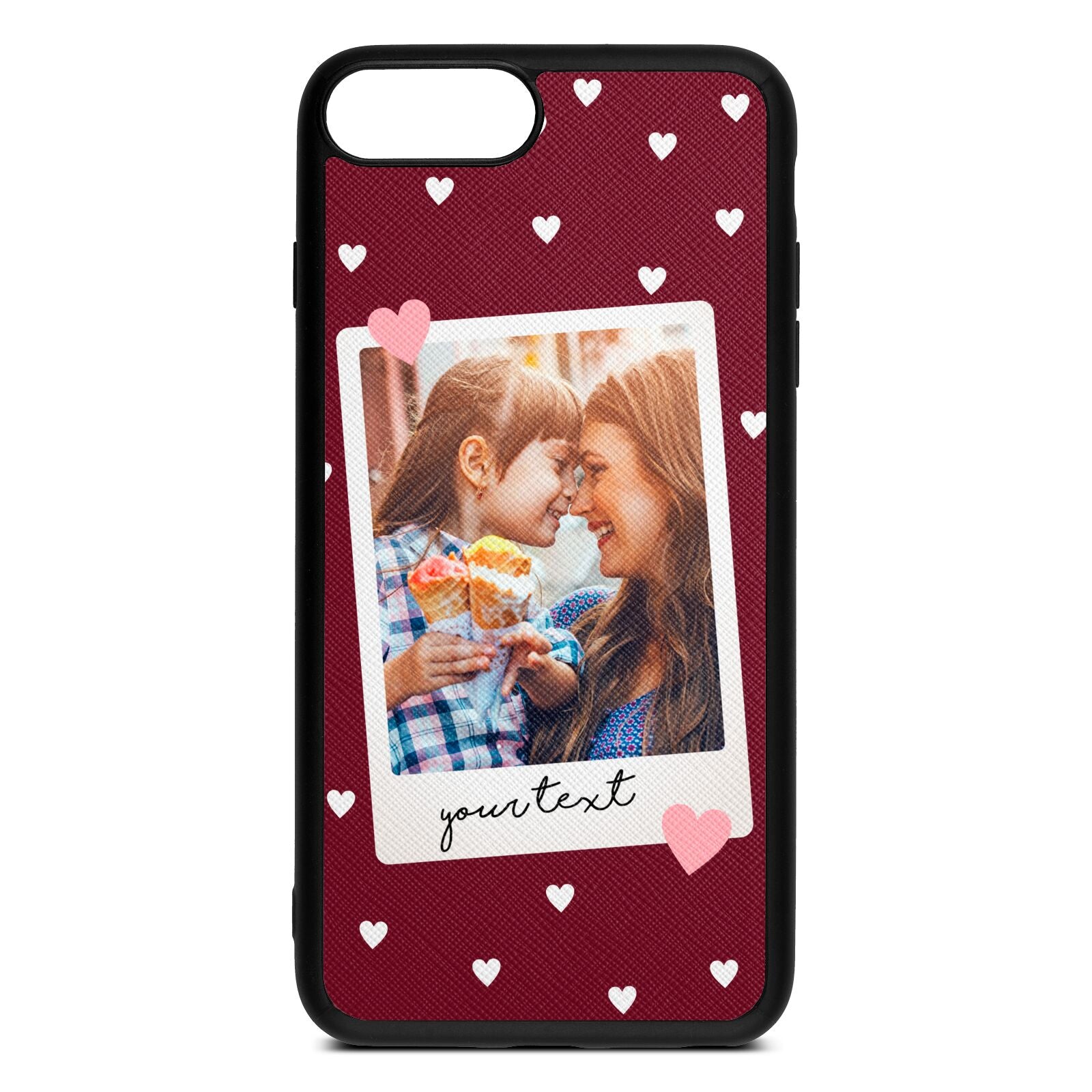 Personalised Photo Love Hearts Wine Red Saffiano Leather iPhone 8 Plus Case