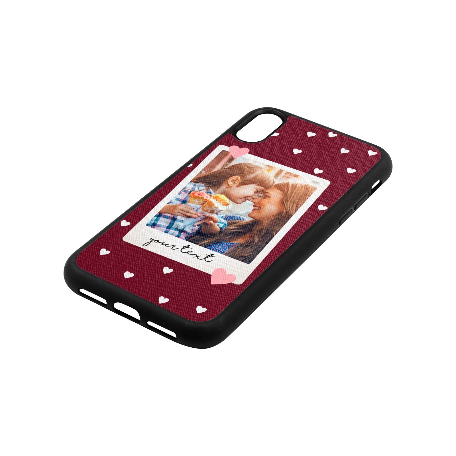 Personalised Photo Love Hearts Wine Red Saffiano Leather iPhone Xr Case Side Angle