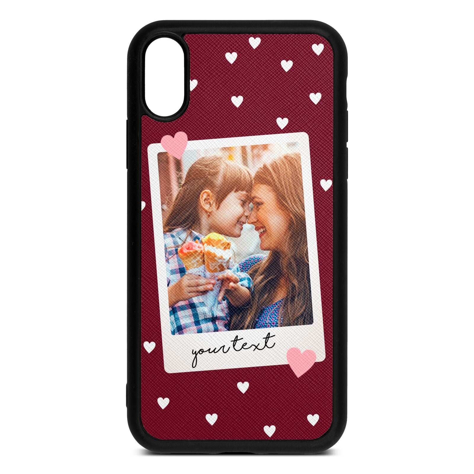 Personalised Photo Love Hearts Wine Red Saffiano Leather iPhone Xr Case