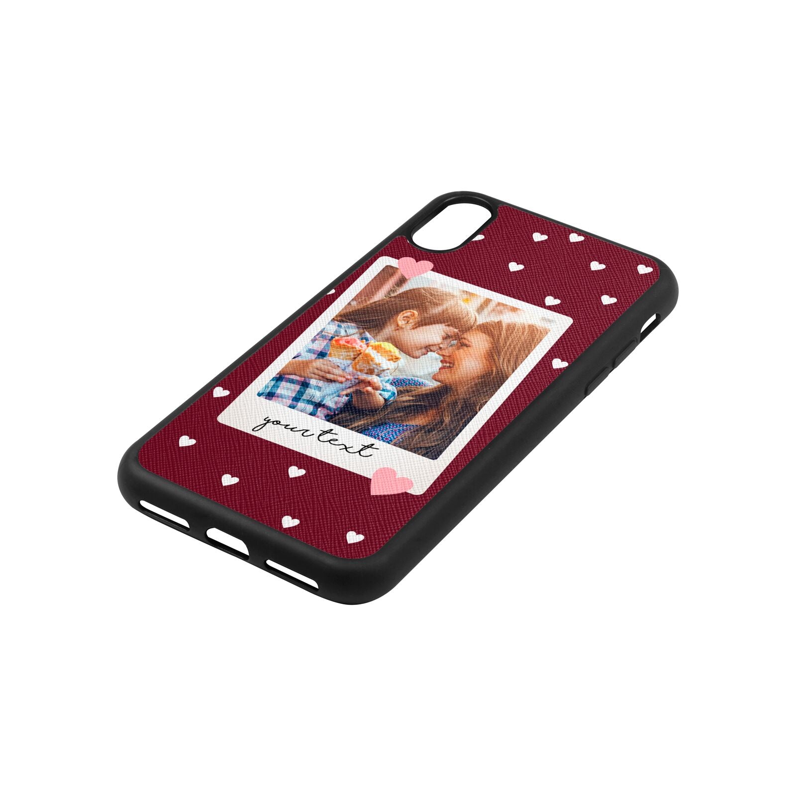 Personalised Photo Love Hearts Wine Red Saffiano Leather iPhone Xs Case Side Angle