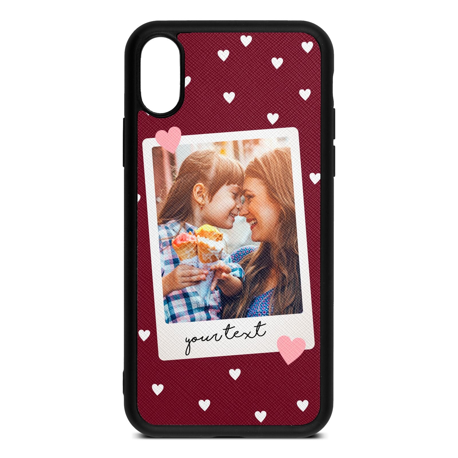 Personalised Photo Love Hearts Wine Red Saffiano Leather iPhone Xs Case