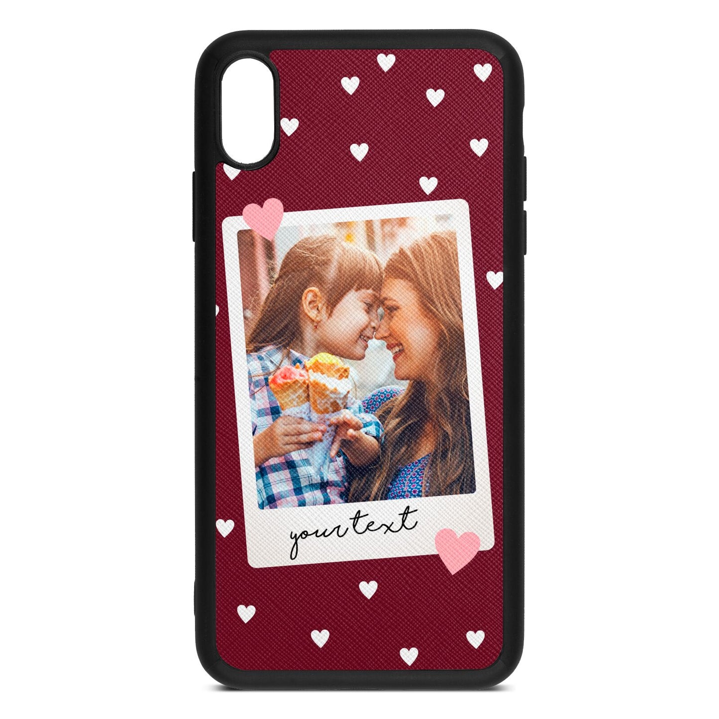 Personalised Photo Love Hearts Wine Red Saffiano Leather iPhone Xs Max Case