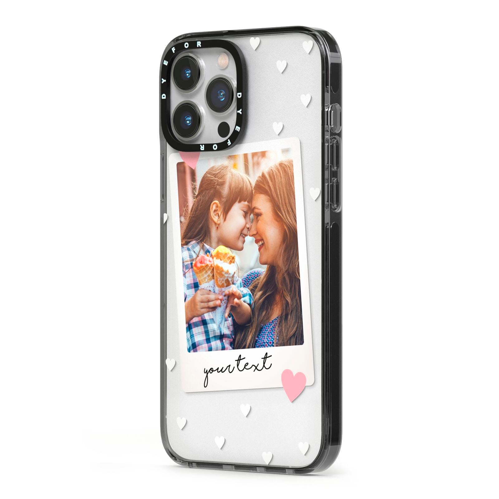 Personalised Photo Love Hearts iPhone 13 Pro Max Black Impact Case Side Angle on Silver phone