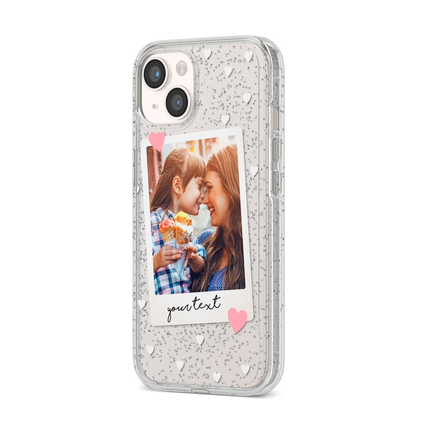 Personalised Photo Love Hearts iPhone 14 Glitter Tough Case Starlight Angled Image