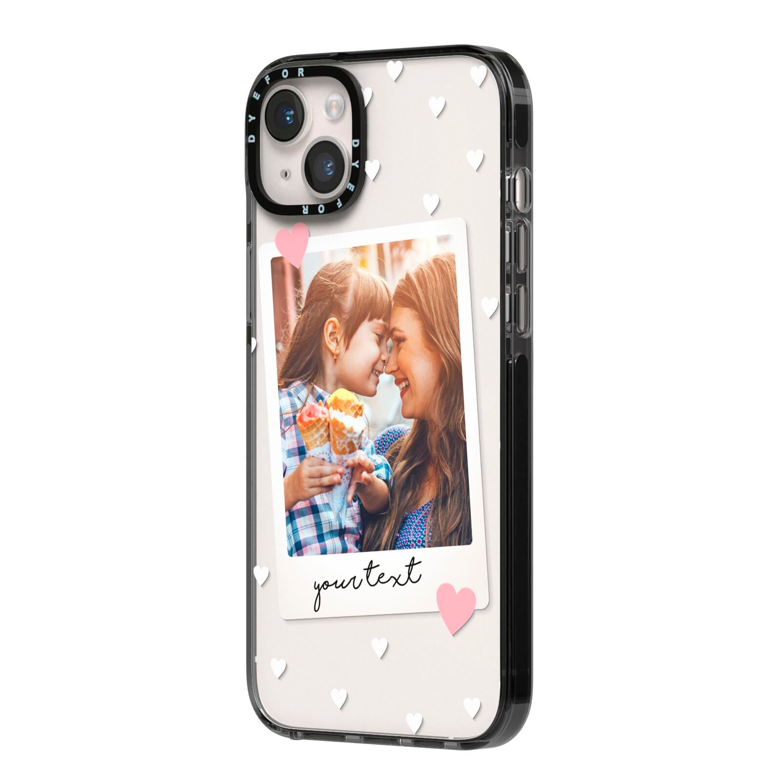 Personalised Photo Love Hearts iPhone 14 Plus Black Impact Case Side Angle on Silver phone