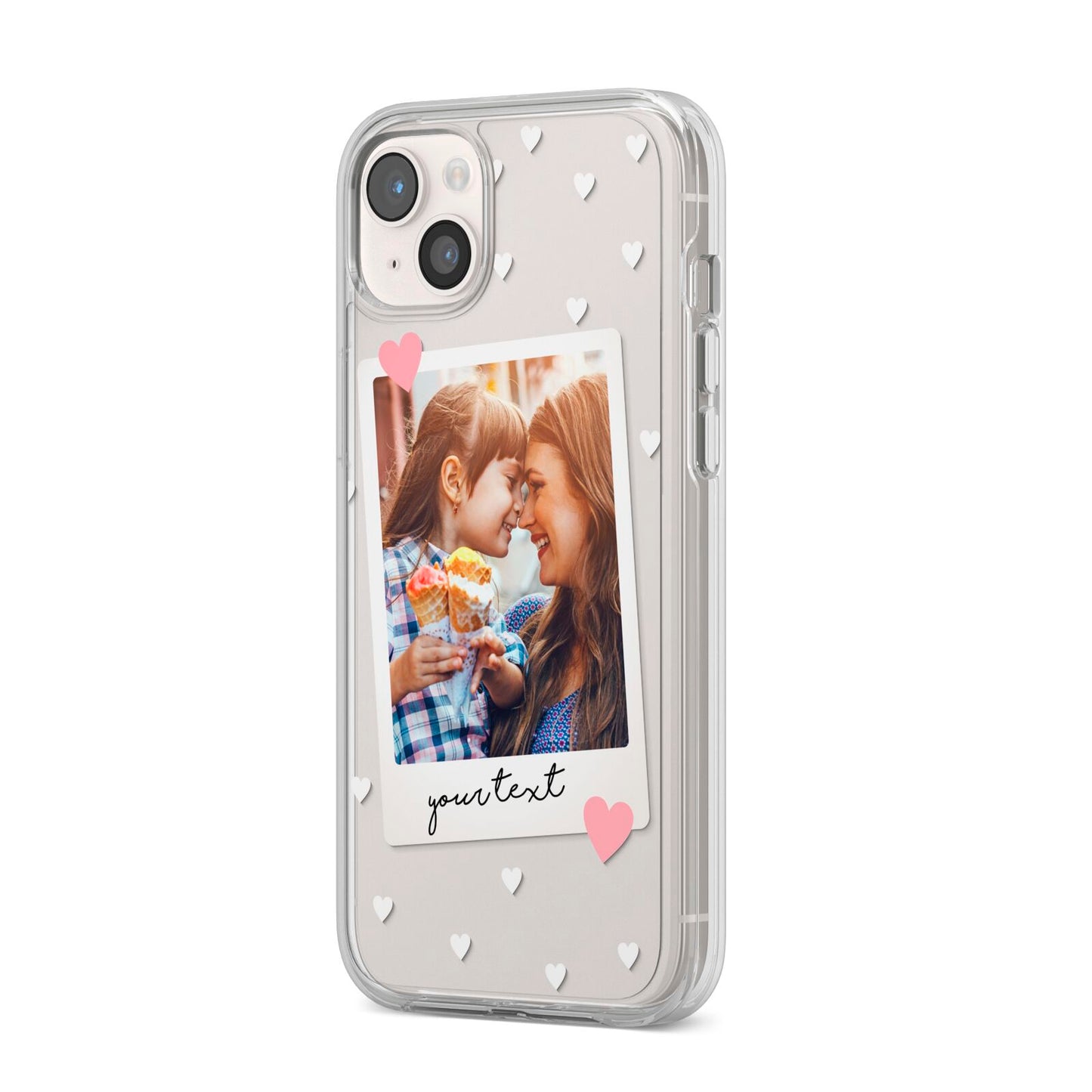 Personalised Photo Love Hearts iPhone 14 Plus Clear Tough Case Starlight Angled Image