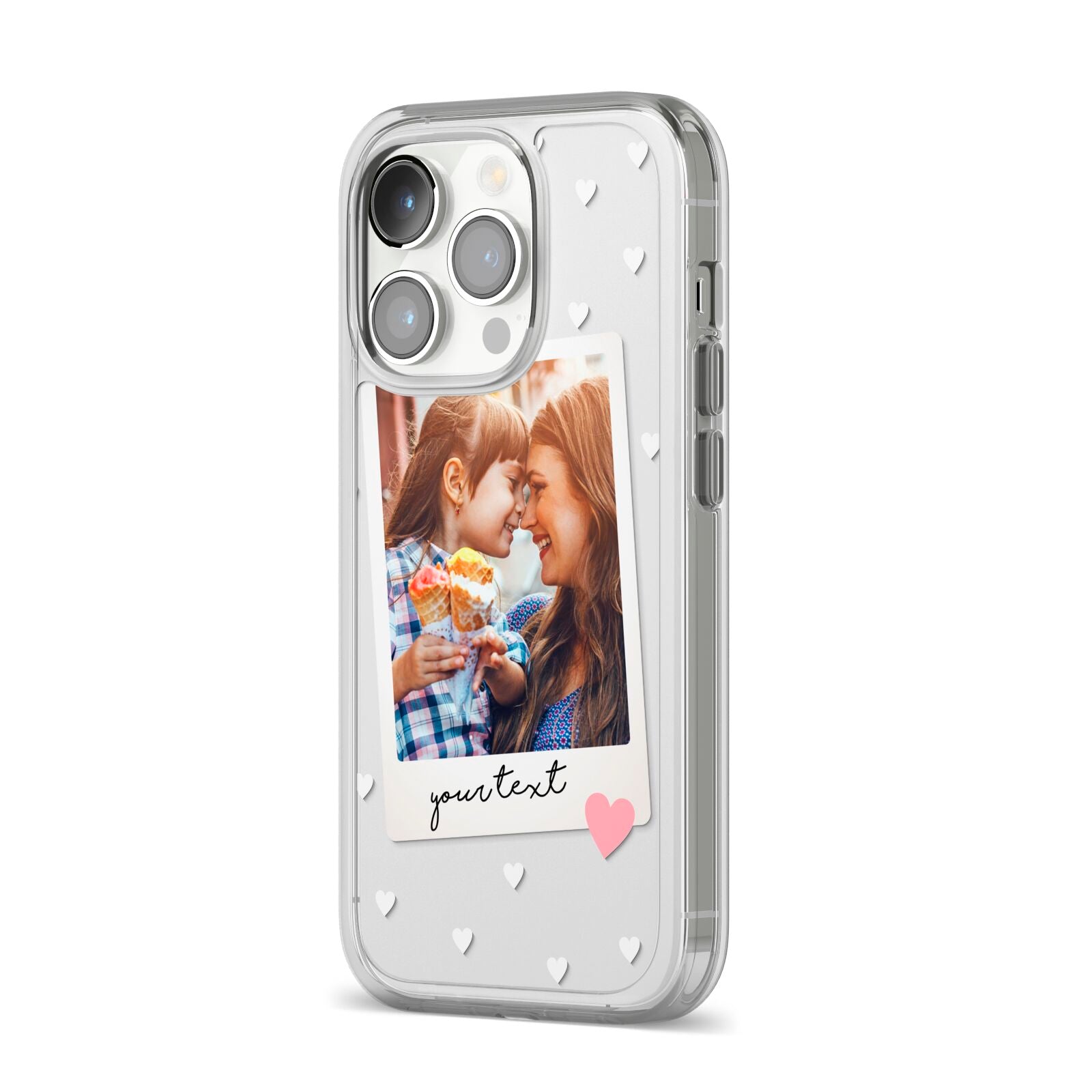 Personalised Photo Love Hearts iPhone 14 Pro Clear Tough Case Silver Angled Image