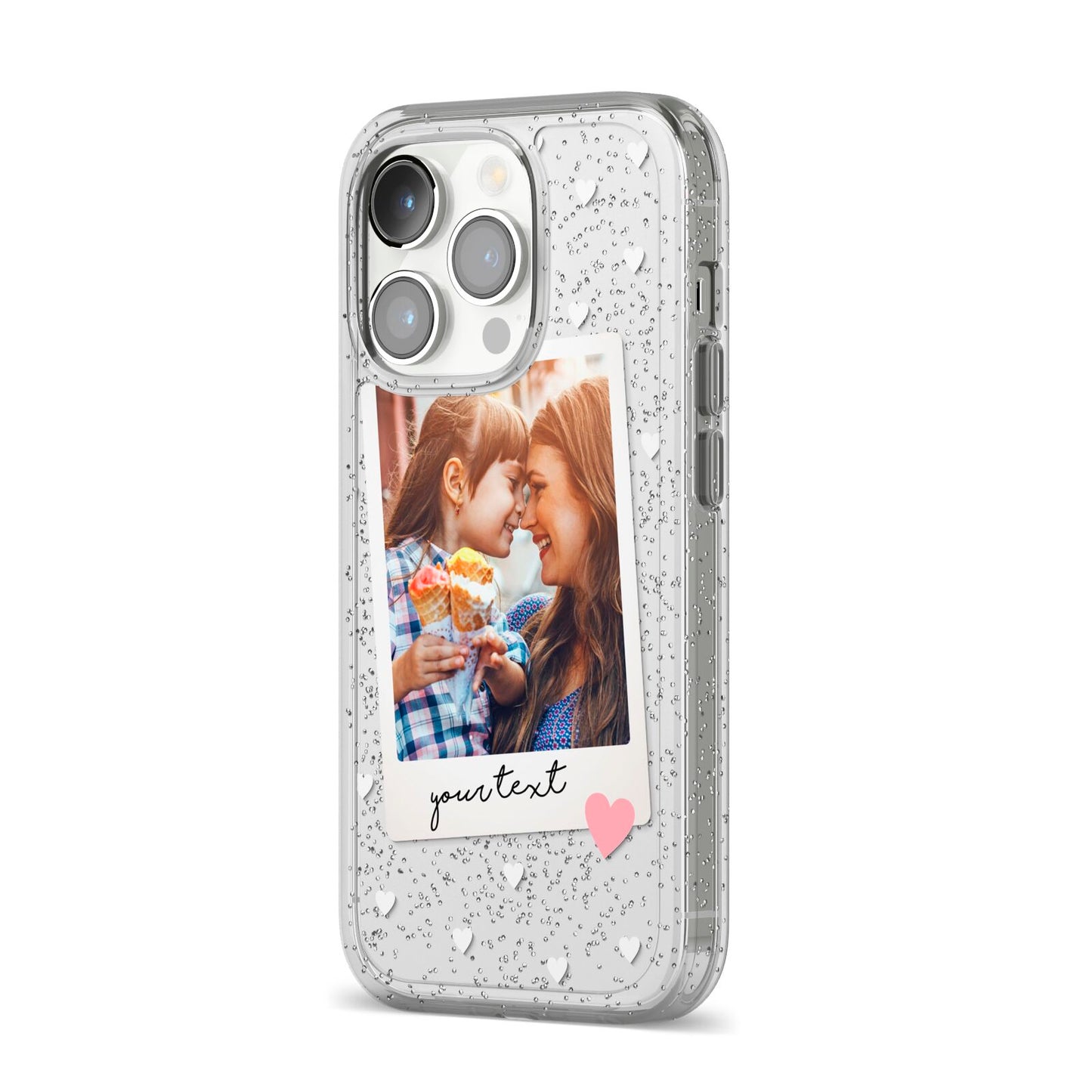 Personalised Photo Love Hearts iPhone 14 Pro Glitter Tough Case Silver Angled Image