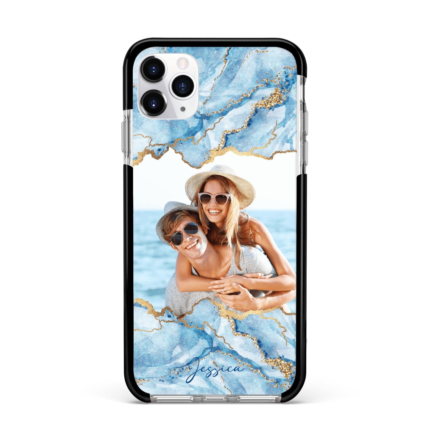 Personalised Photo Marble Apple iPhone 11 Pro Max in Silver with Black Impact Case