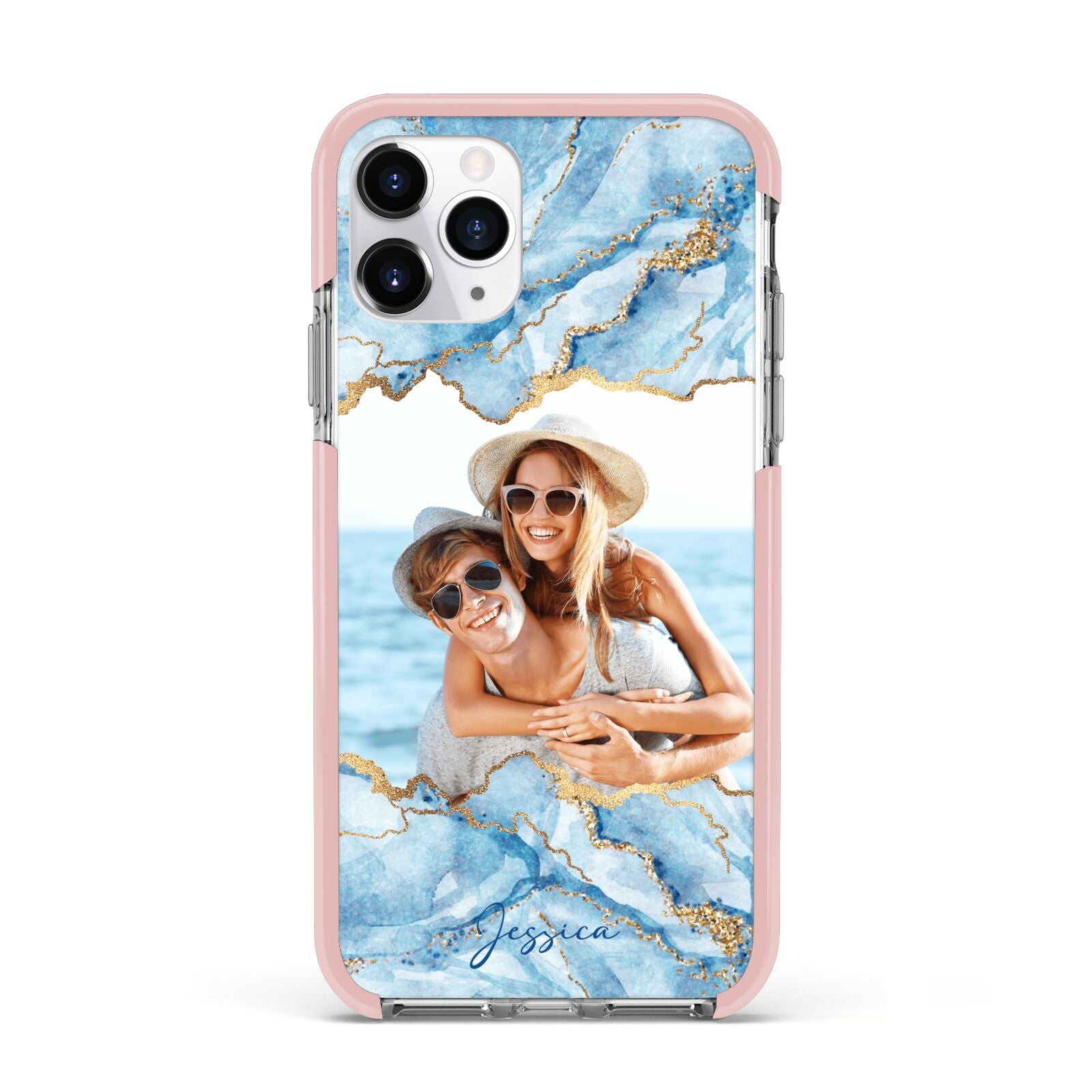 Personalised Photo Marble Apple iPhone 11 Pro in Silver with Pink Impact Case