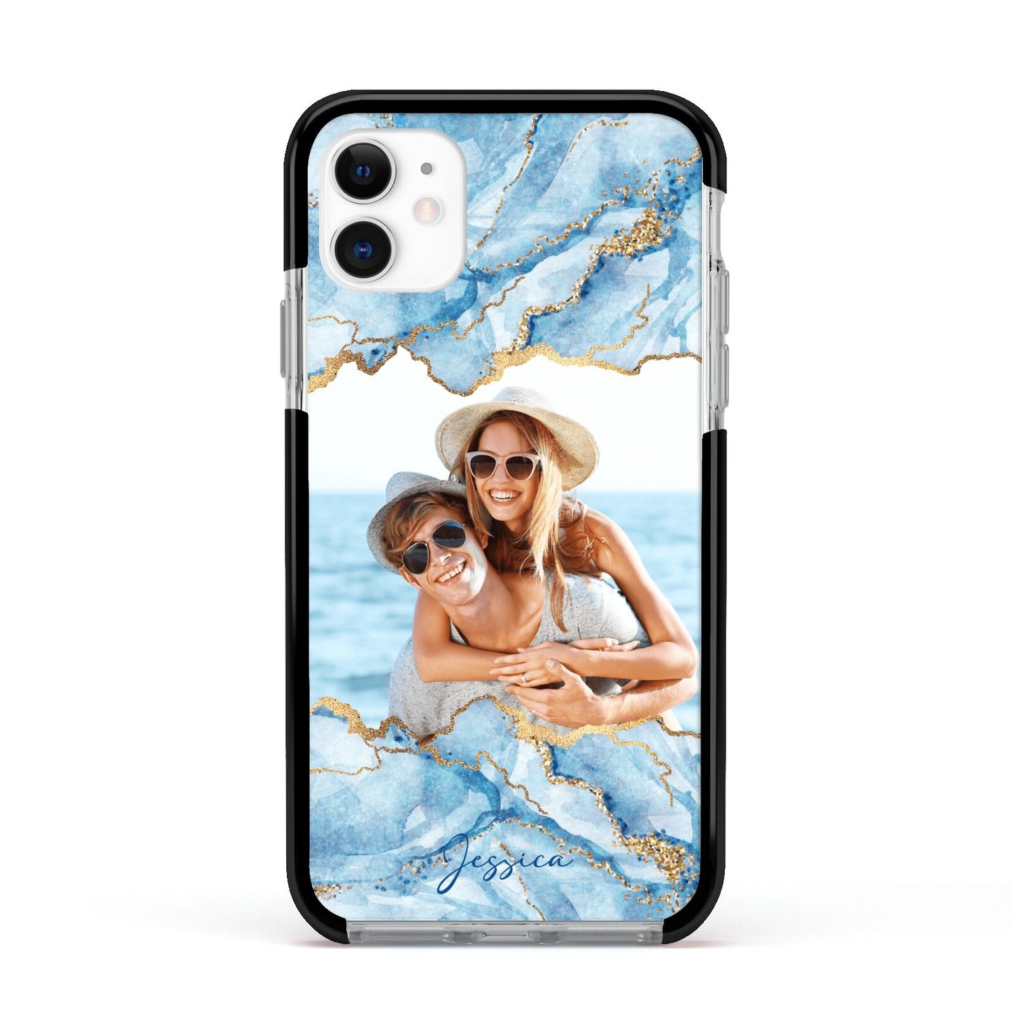 Personalised Photo Marble Apple iPhone 11 in White with Black Impact Case