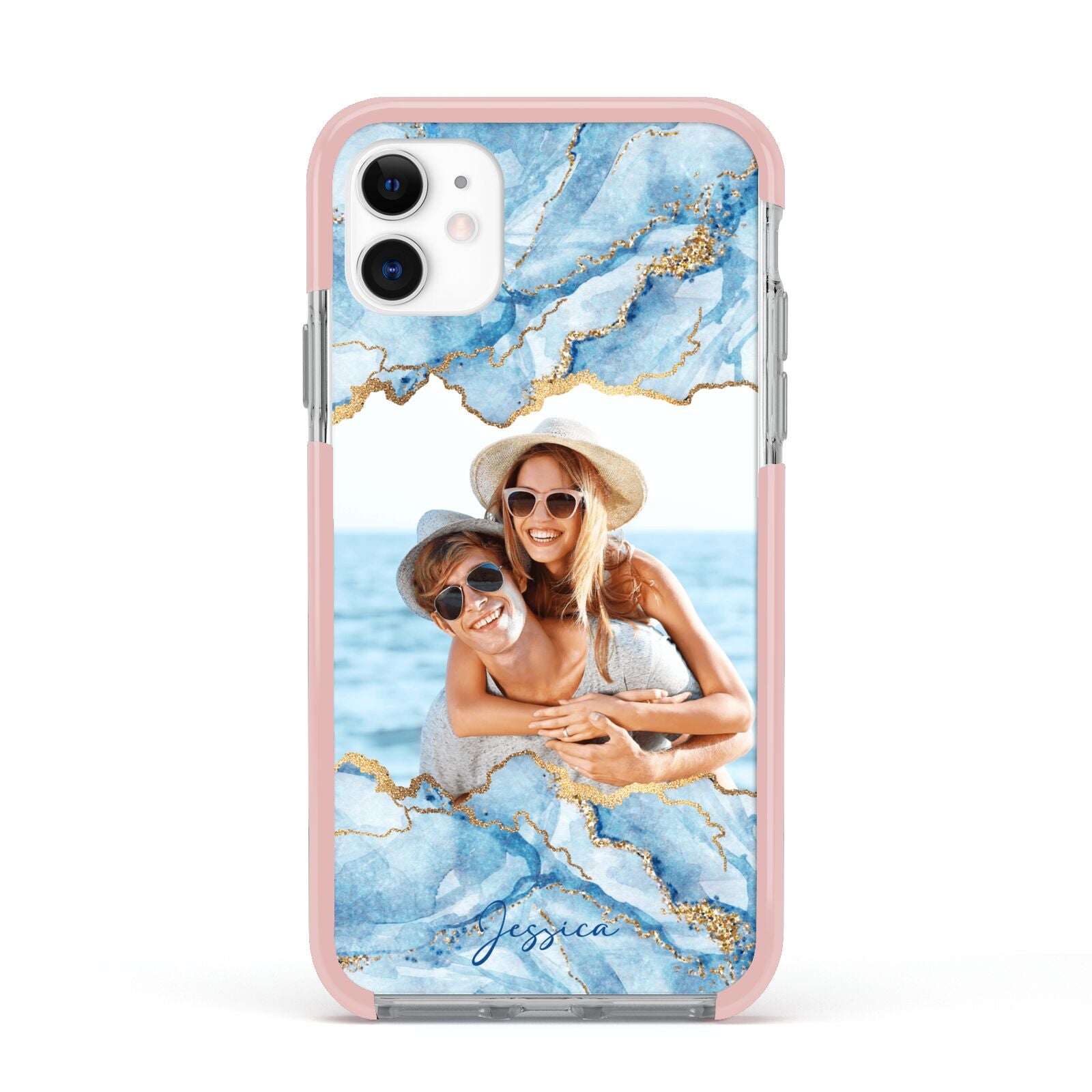 Personalised Photo Marble Apple iPhone 11 in White with Pink Impact Case