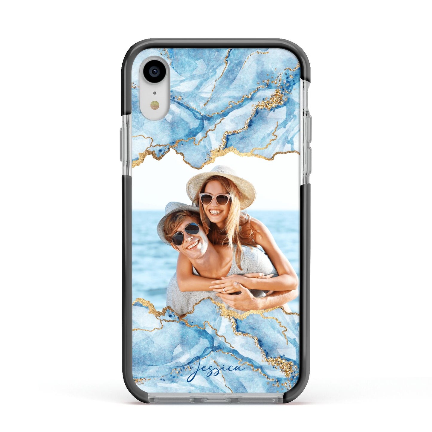 Personalised Photo Marble Apple iPhone XR Impact Case Black Edge on Silver Phone