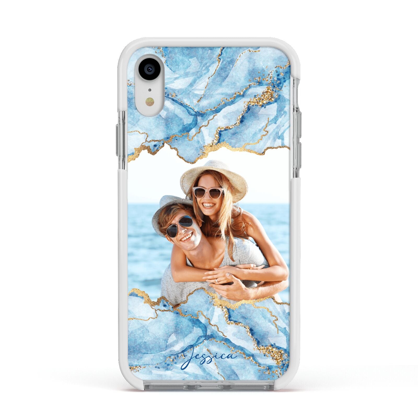 Personalised Photo Marble Apple iPhone XR Impact Case White Edge on Silver Phone