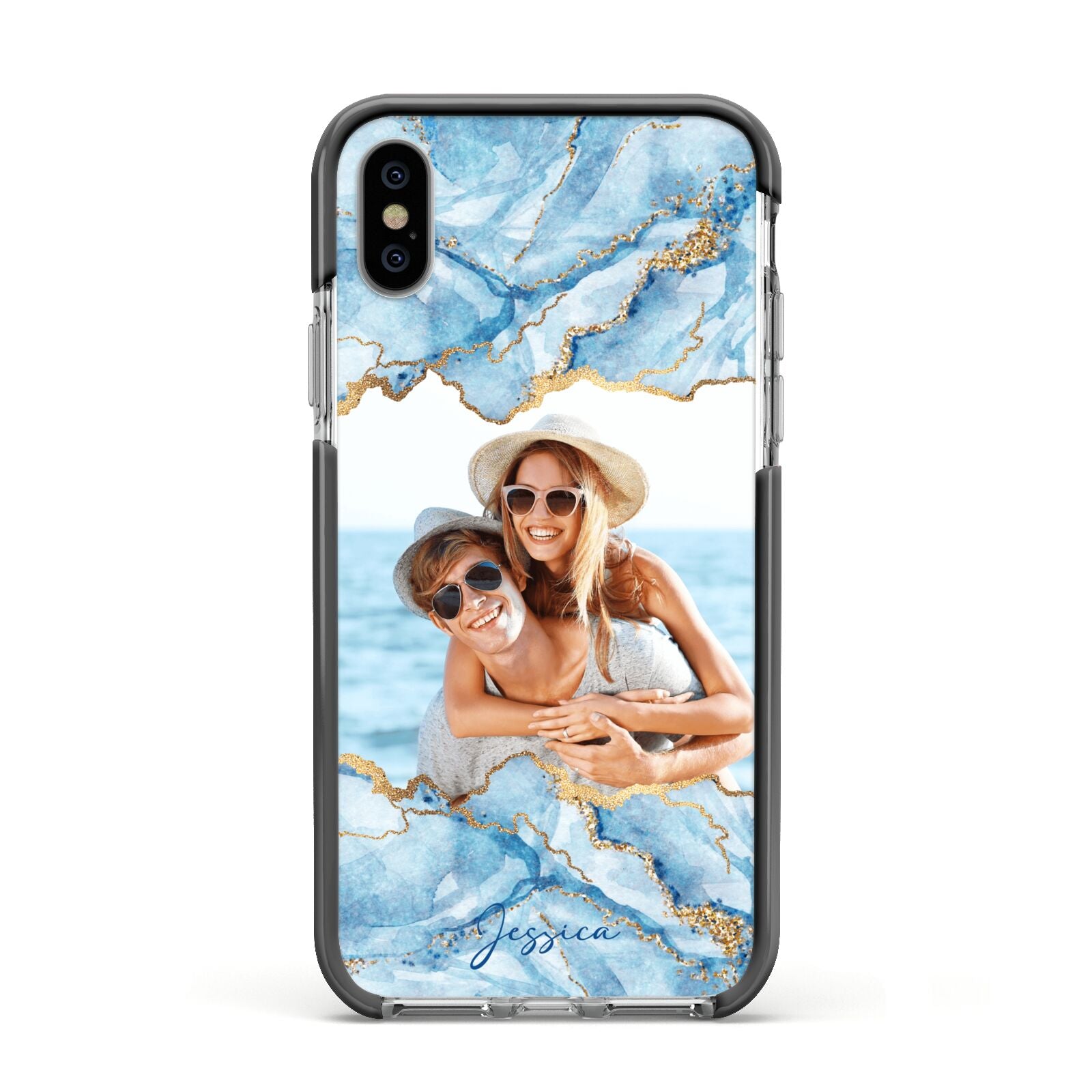 Personalised Photo Marble Apple iPhone Xs Impact Case Black Edge on Silver Phone