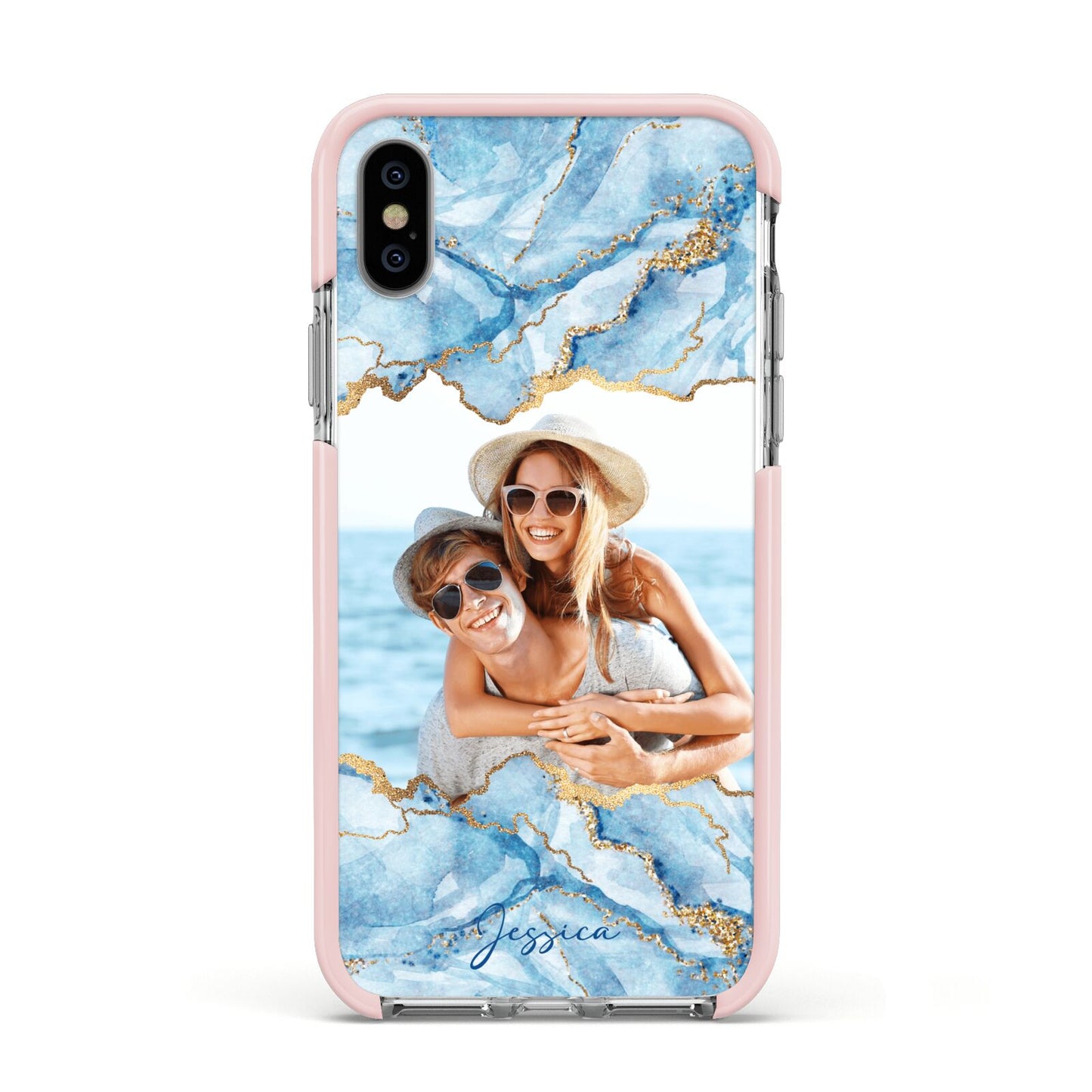 Personalised Photo Marble Apple iPhone Xs Impact Case Pink Edge on Silver Phone