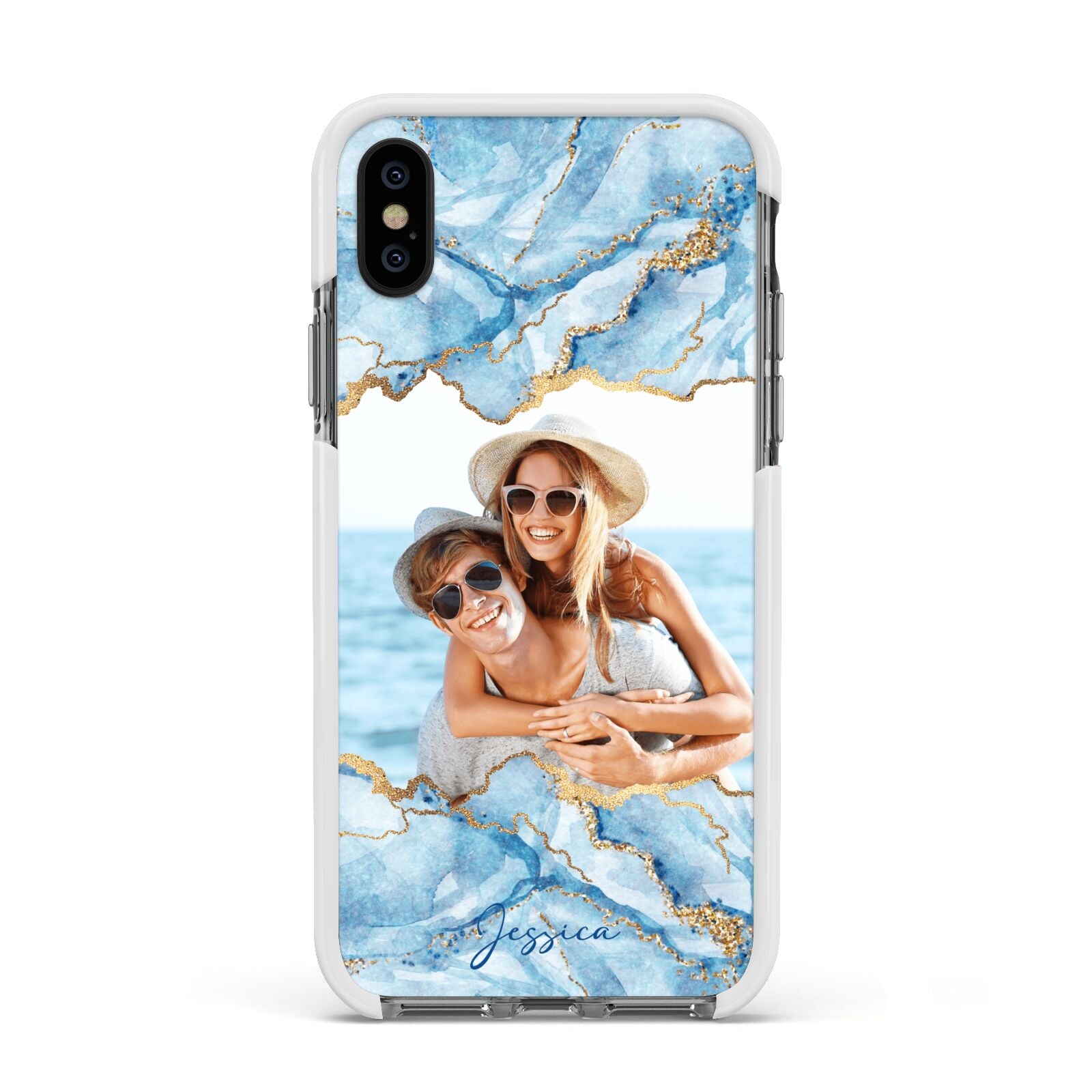 Personalised Photo Marble Apple iPhone Xs Impact Case White Edge on Black Phone