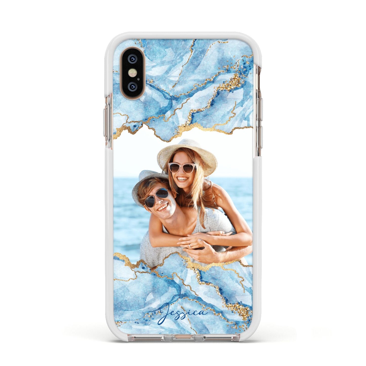 Personalised Photo Marble Apple iPhone Xs Impact Case White Edge on Gold Phone