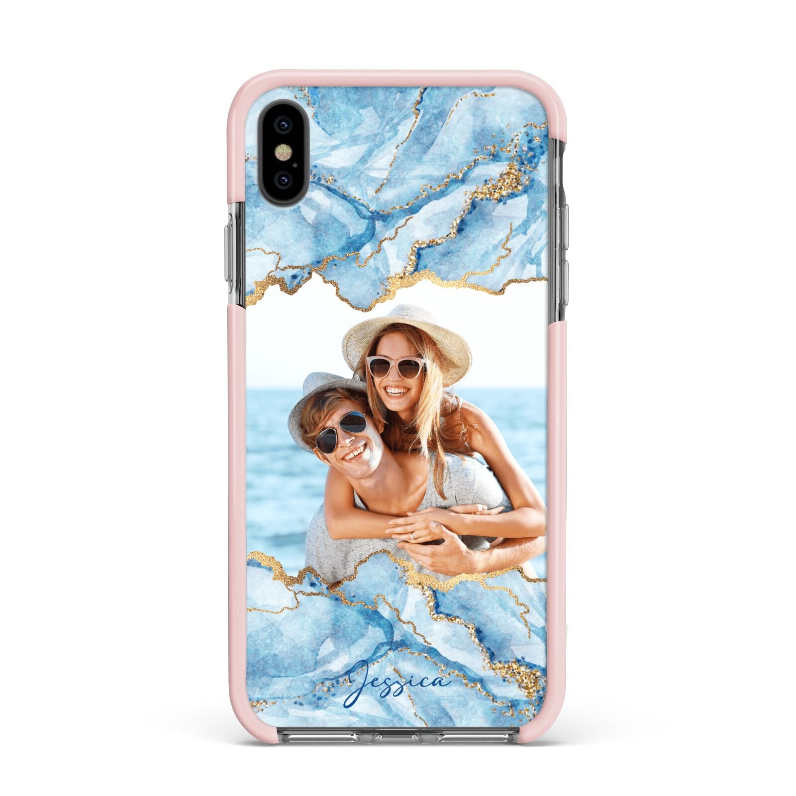 Personalised Photo Marble Apple iPhone Xs Max Impact Case Pink Edge on Black Phone