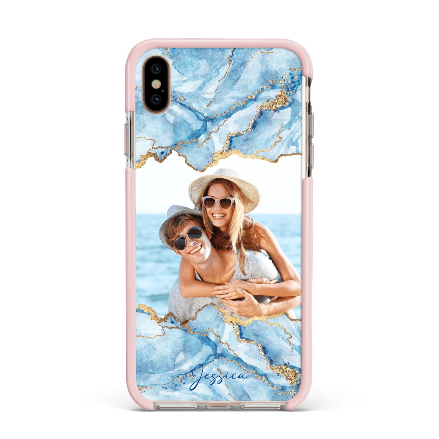 Personalised Photo Marble Apple iPhone Xs Max Impact Case Pink Edge on Gold Phone
