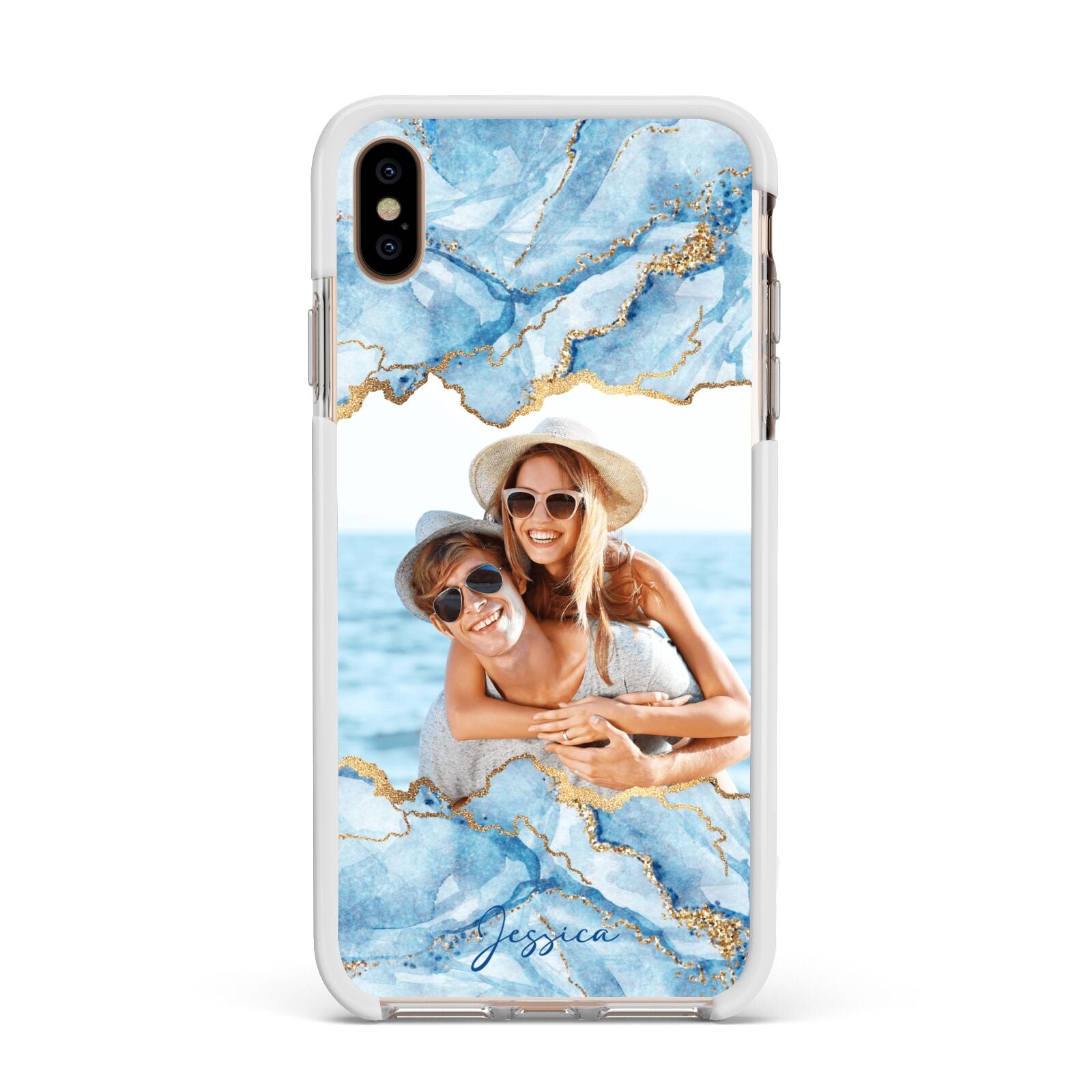 Personalised Photo Marble Apple iPhone Xs Max Impact Case White Edge on Gold Phone