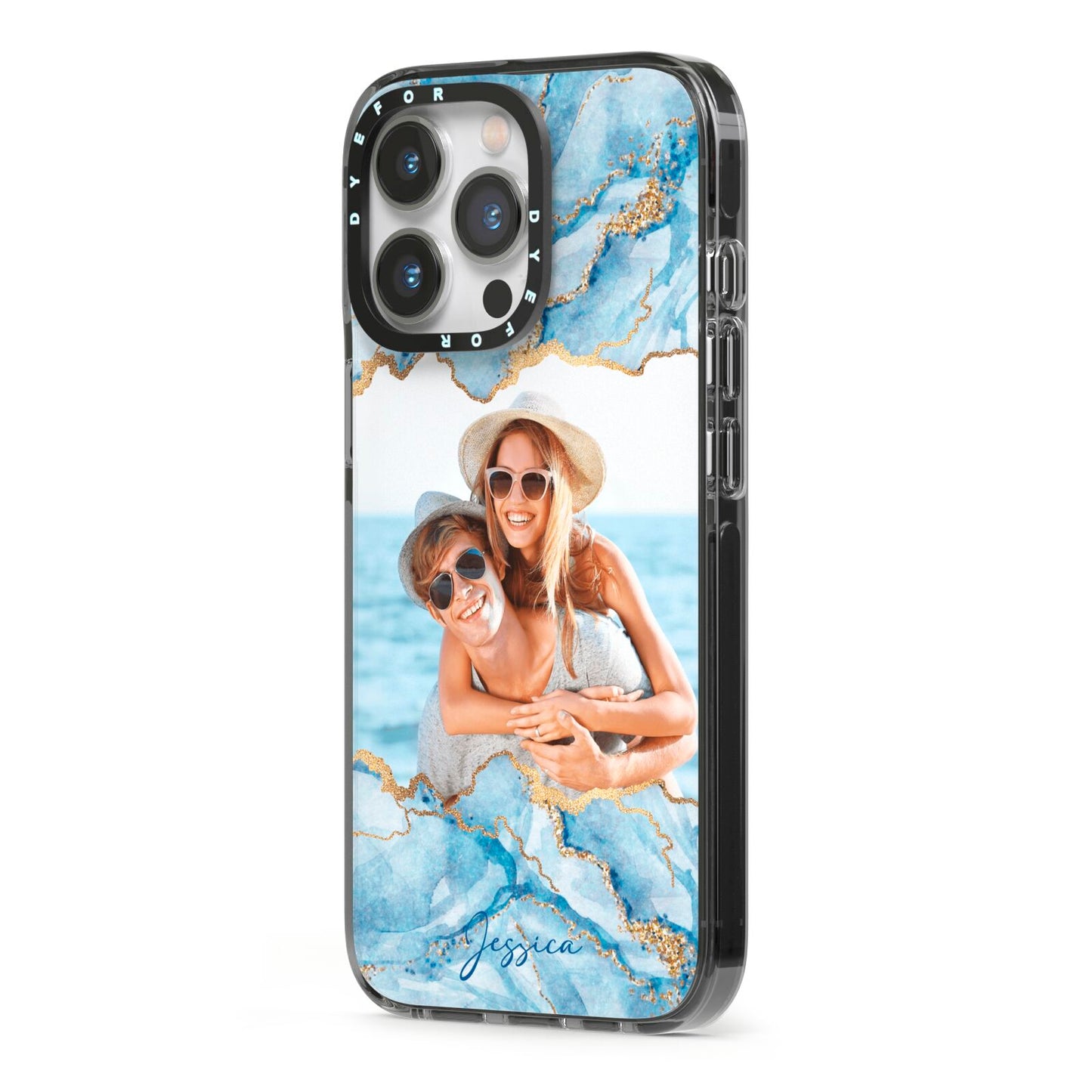 Personalised Photo Marble iPhone 13 Pro Black Impact Case Side Angle on Silver phone