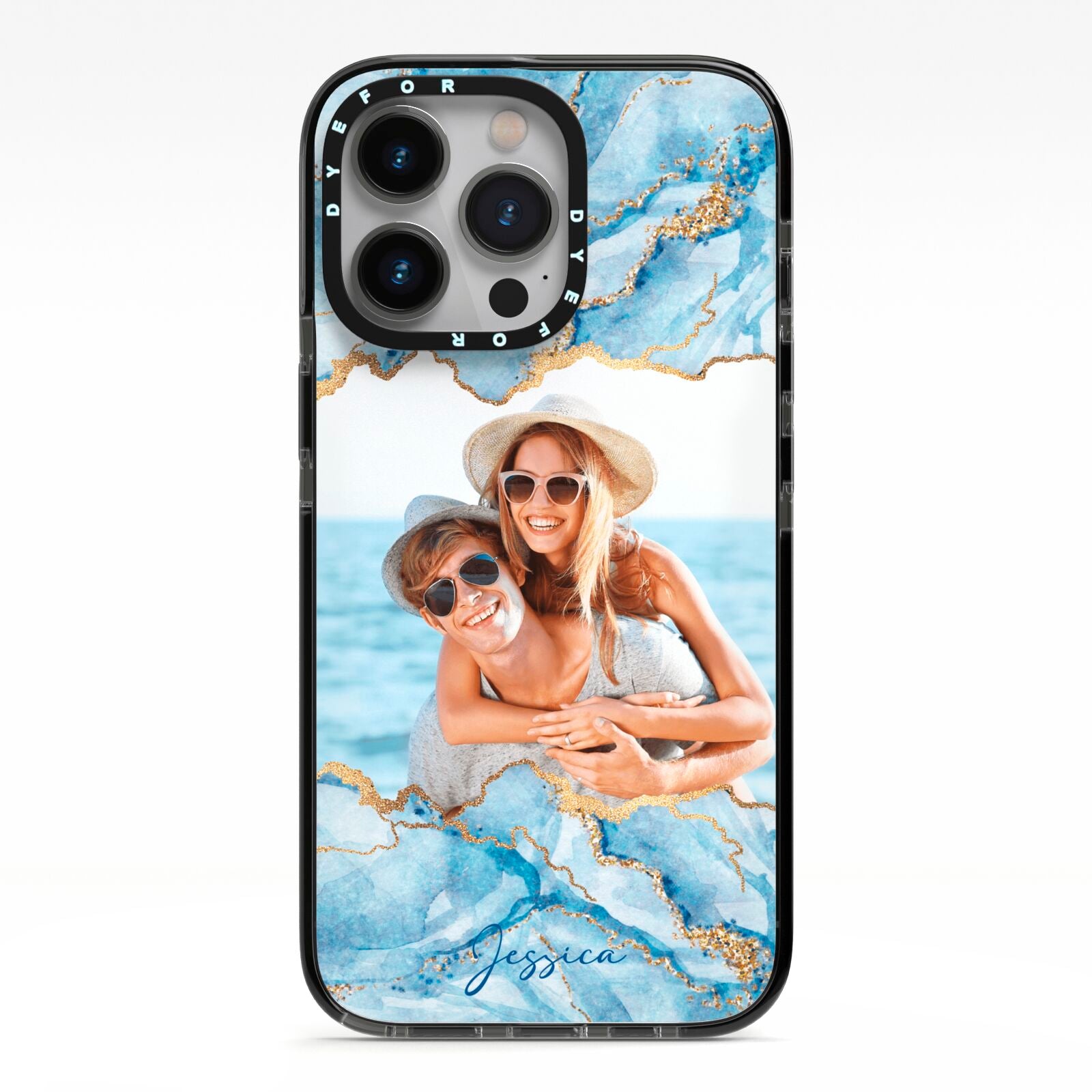 Personalised Photo Marble iPhone 13 Pro Black Impact Case on Silver phone