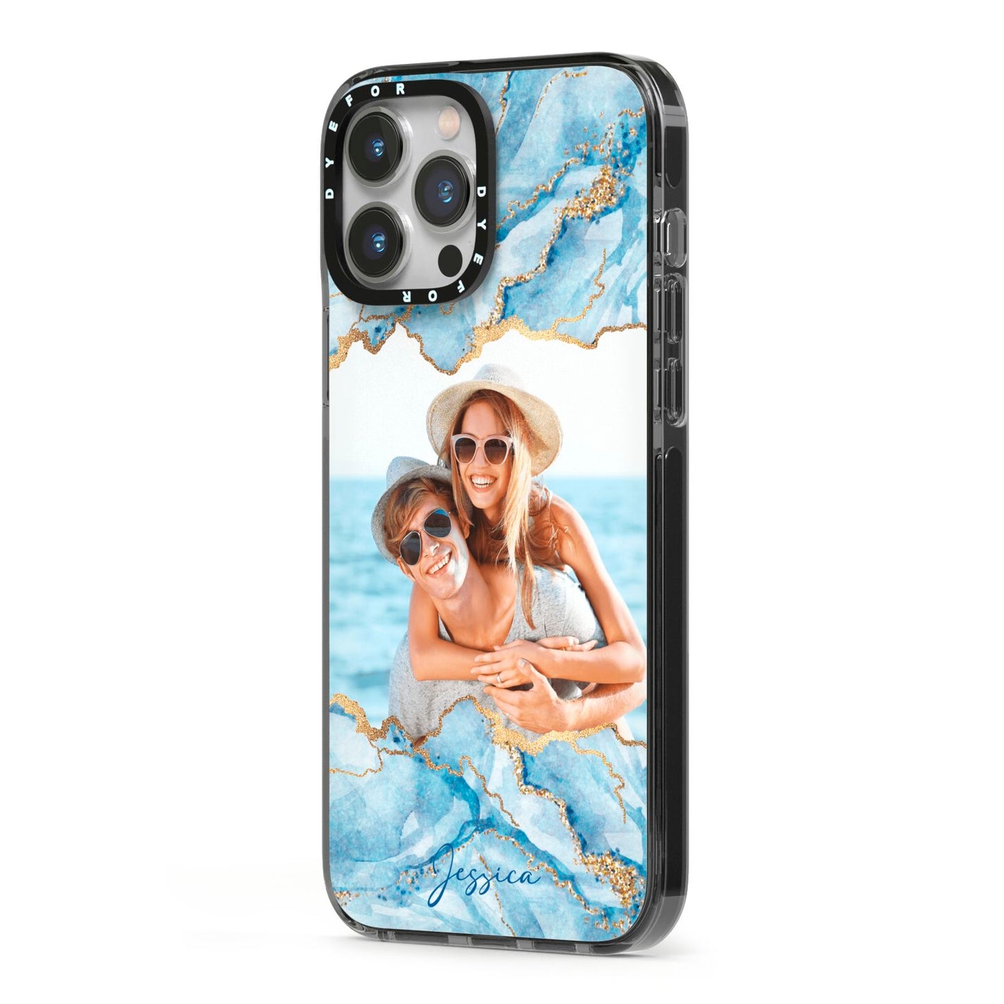 Personalised Photo Marble iPhone 13 Pro Max Black Impact Case Side Angle on Silver phone