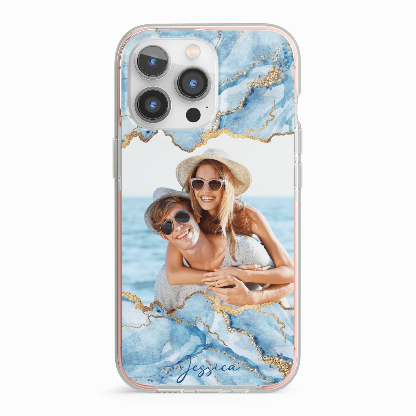 Personalised Photo Marble iPhone 13 Pro TPU Impact Case with Pink Edges