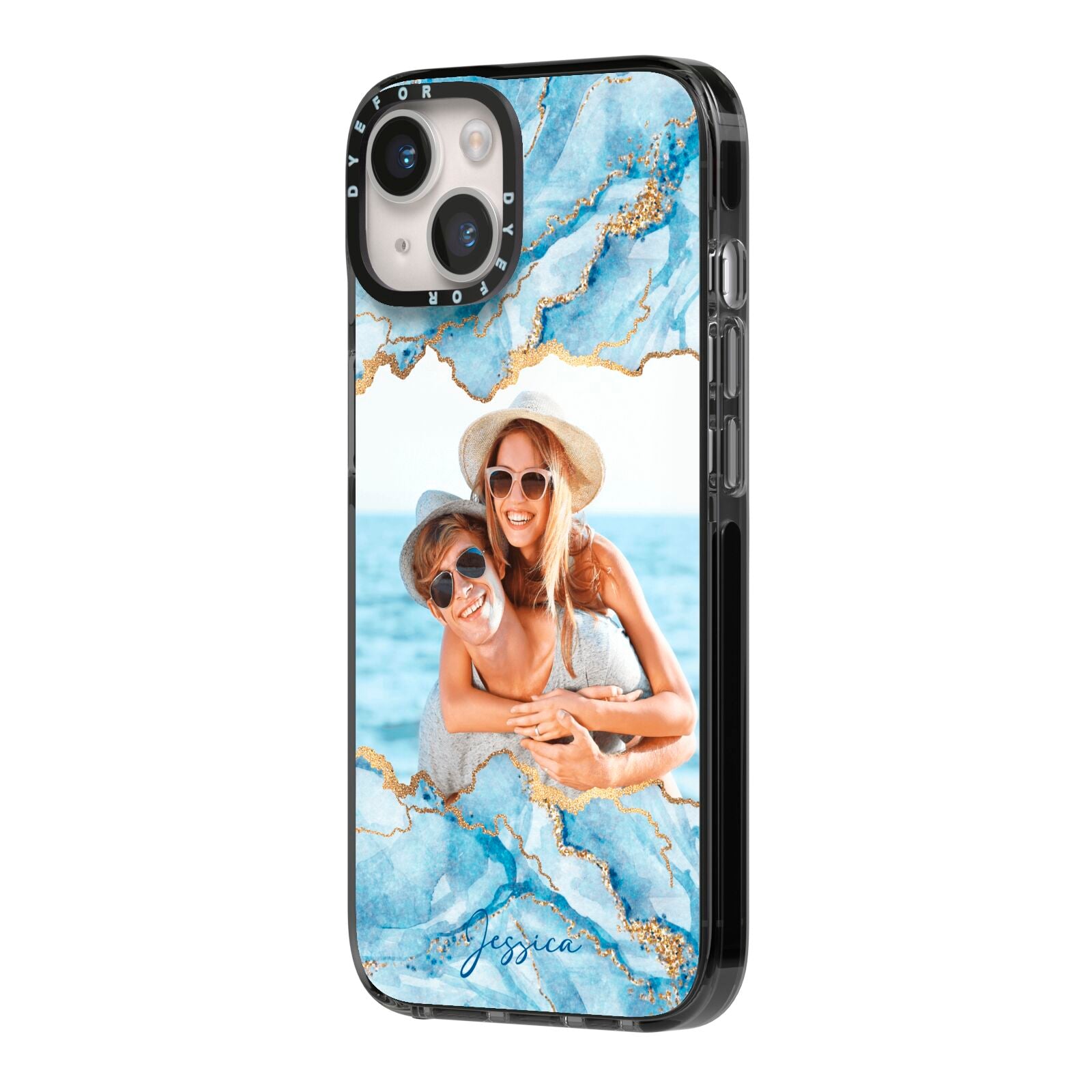 Personalised Photo Marble iPhone 14 Black Impact Case Side Angle on Silver phone