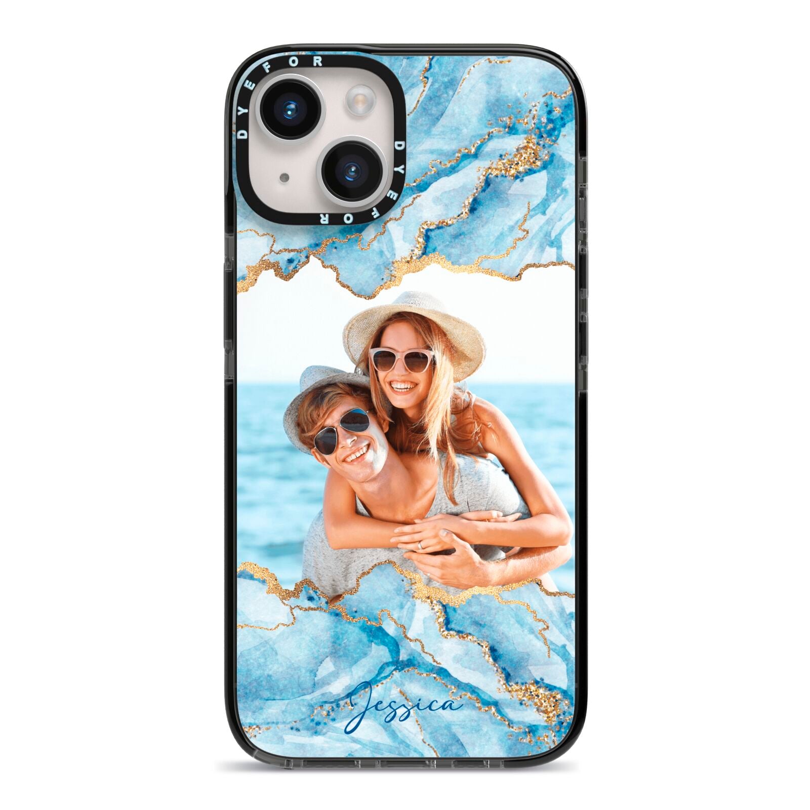 Personalised Photo Marble iPhone 14 Black Impact Case on Silver phone