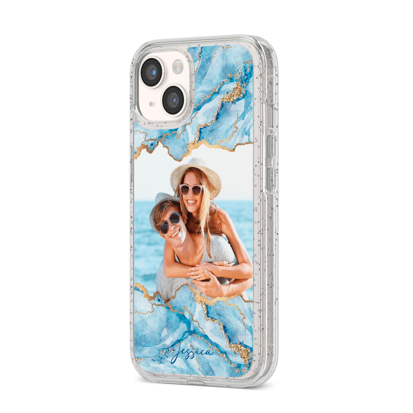 Personalised Photo Marble iPhone 14 Glitter Tough Case Starlight Angled Image