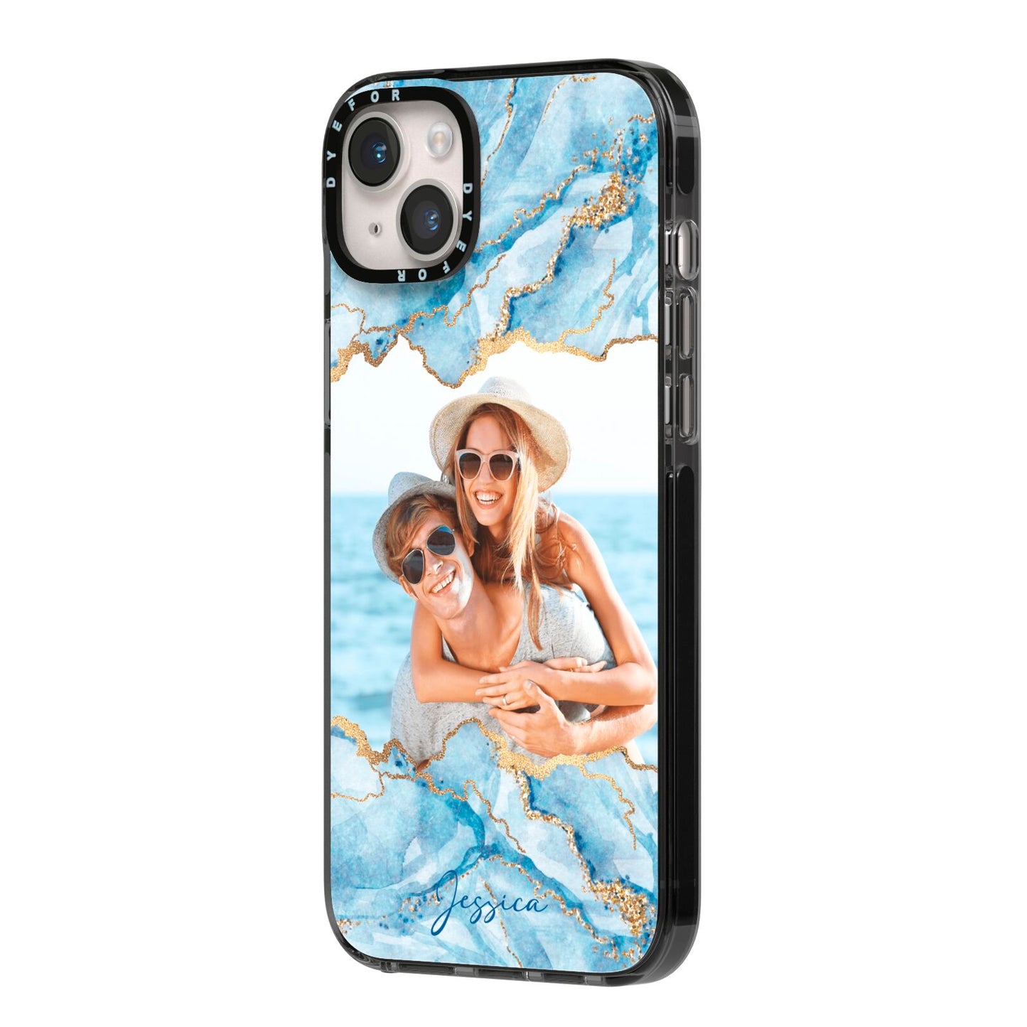 Personalised Photo Marble iPhone 14 Plus Black Impact Case Side Angle on Silver phone