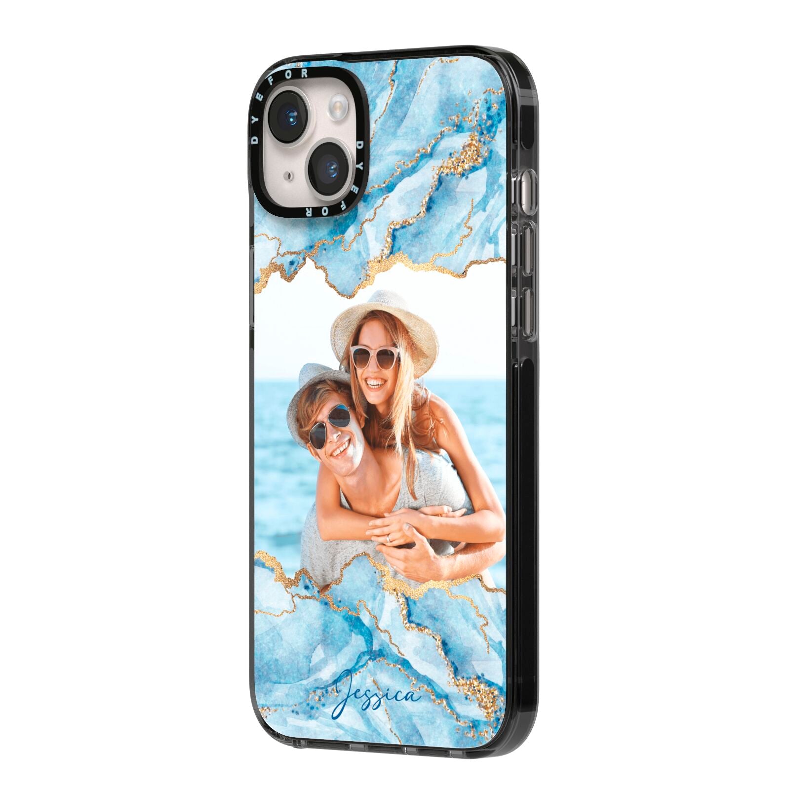 Personalised Photo Marble iPhone 14 Plus Black Impact Case Side Angle on Silver phone