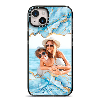 Personalised Photo Marble iPhone 14 Plus Black Impact Case on Silver phone