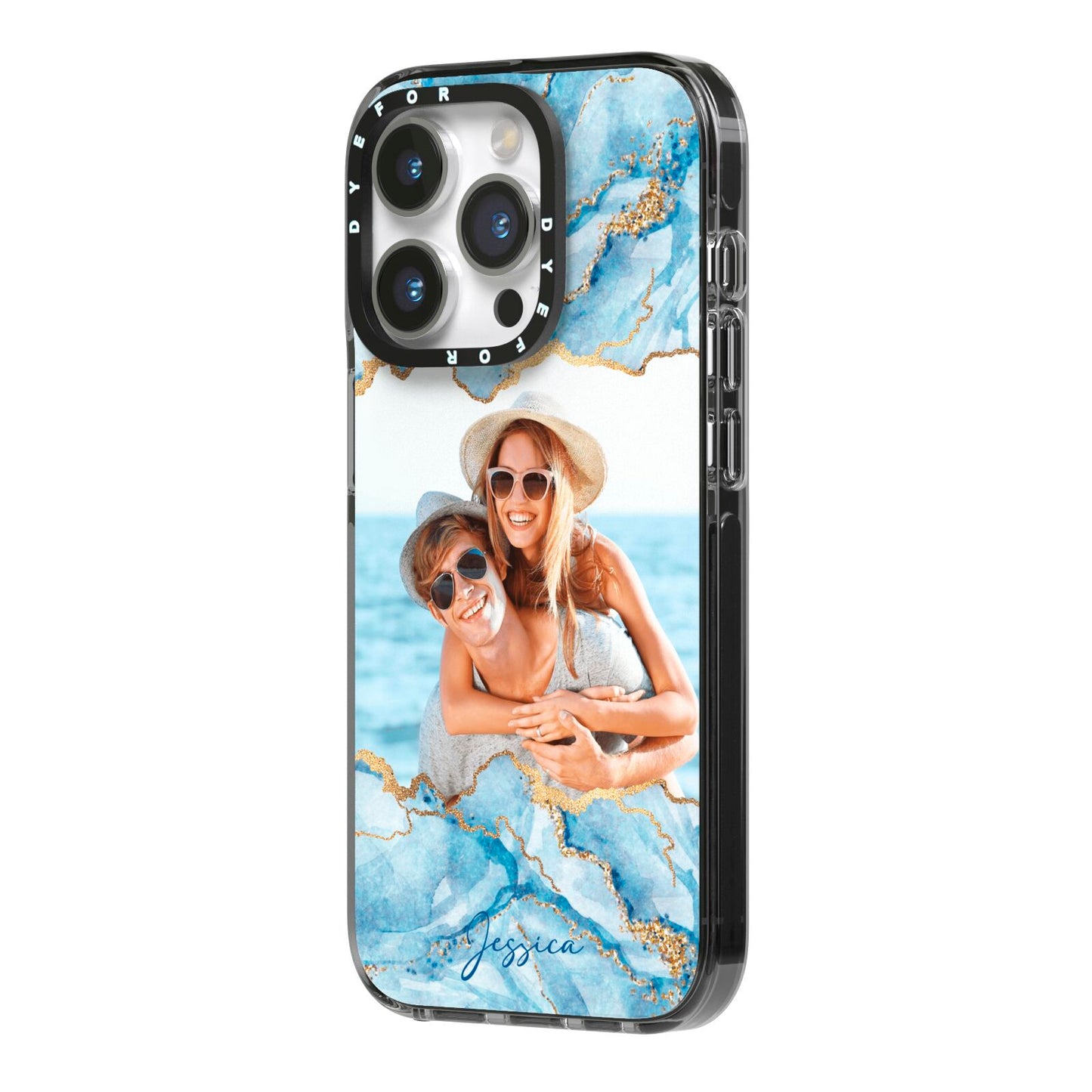 Personalised Photo Marble iPhone 14 Pro Black Impact Case Side Angle on Silver phone